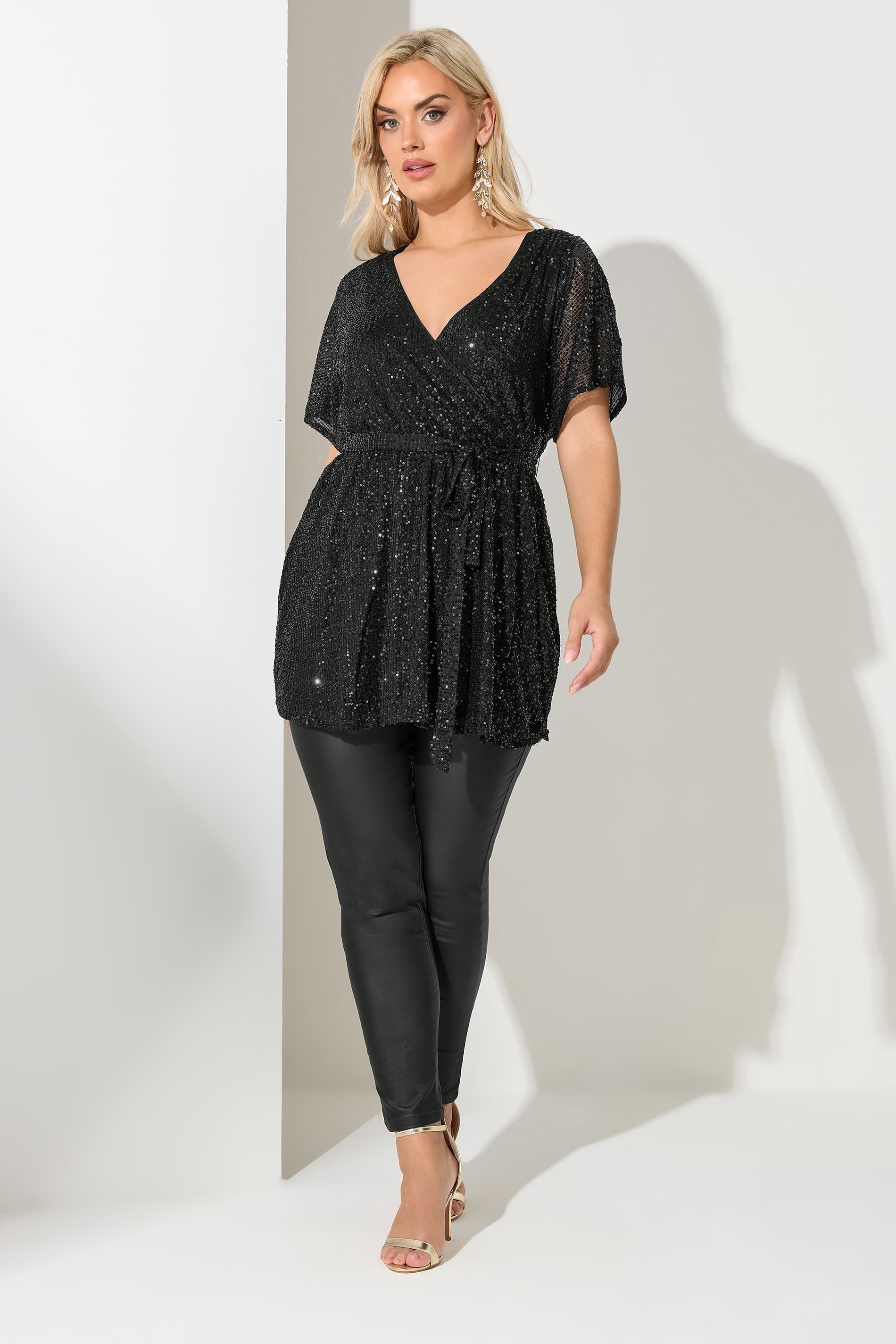 YOURS LONDON Plus Size Black Sequin Wrap Top | Yours Clothing  1