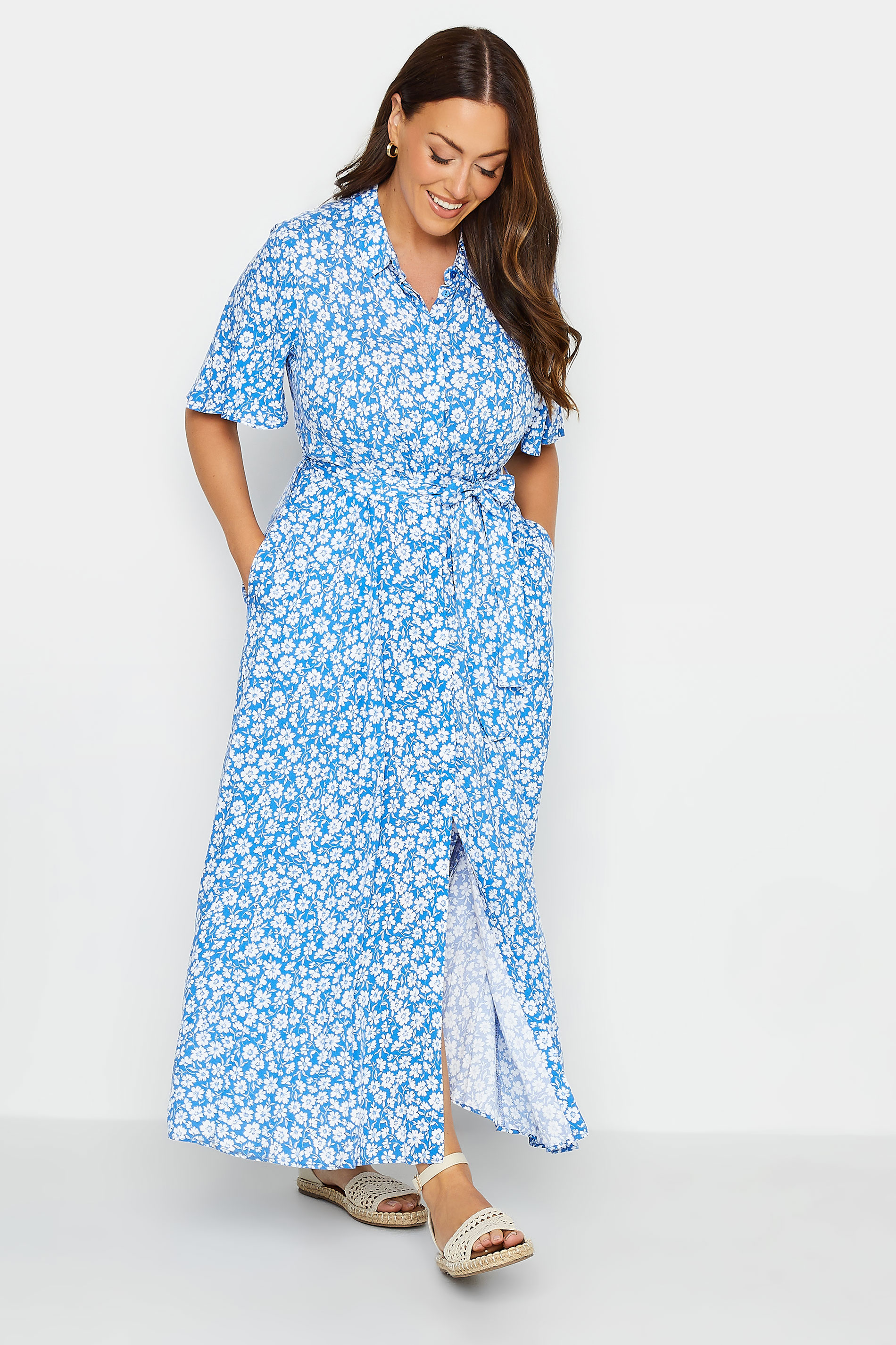 M&Co Blue Floral Print Maxi Shirt Dress | M&Co 2
