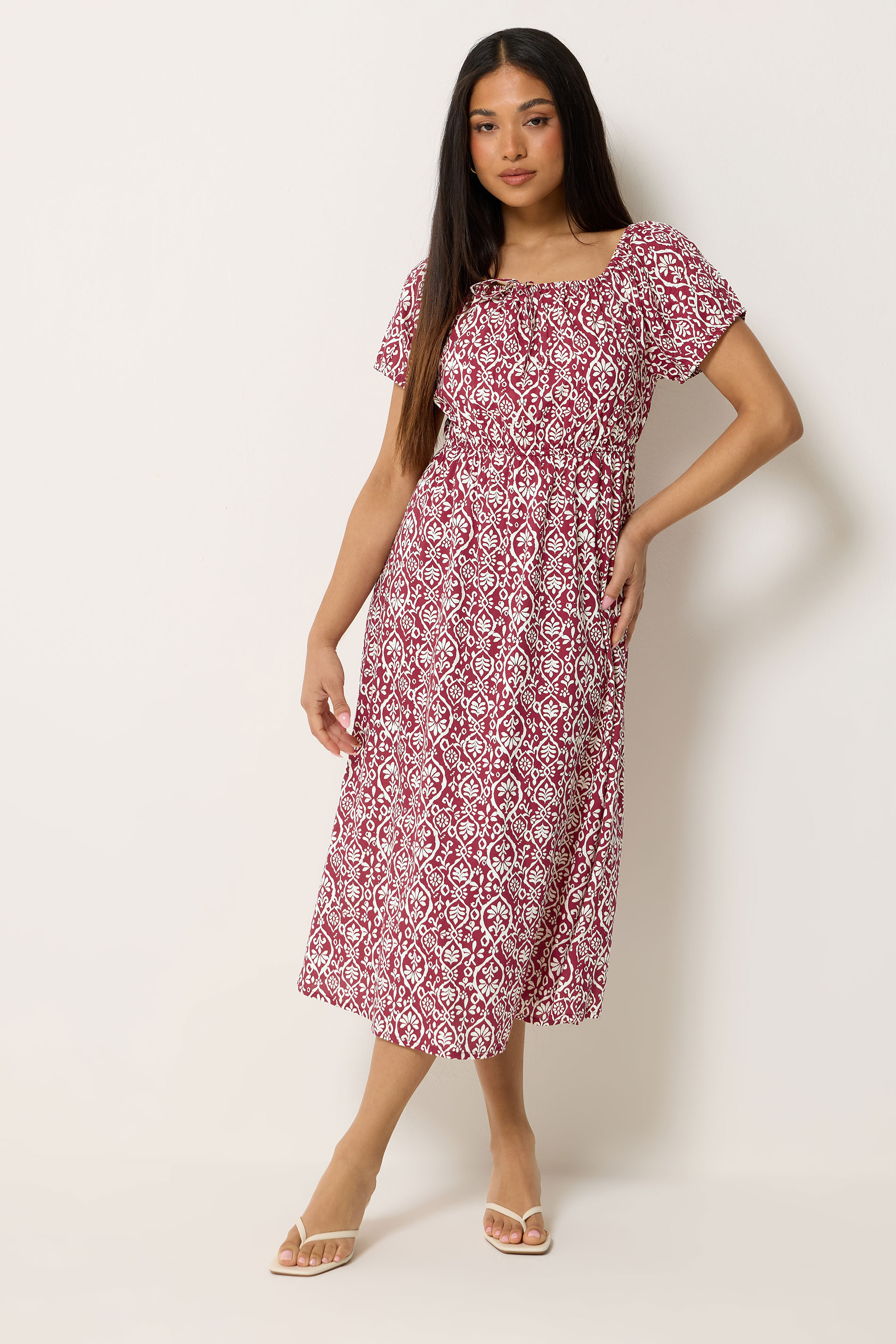 M&Co Petite Red Abstract Tie Neck Midi Dress | M&Co 2