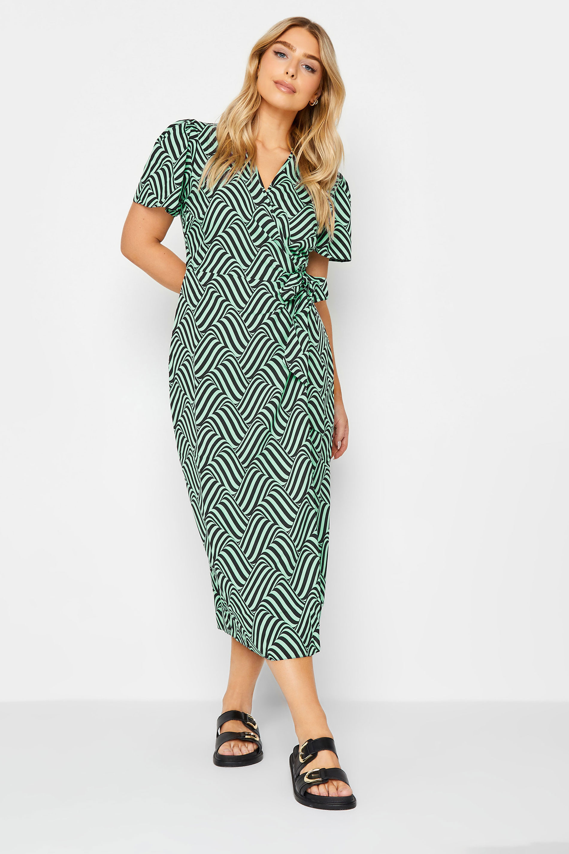 M&Co Green Abstract Stripe Wrap Dress | M&Co 1