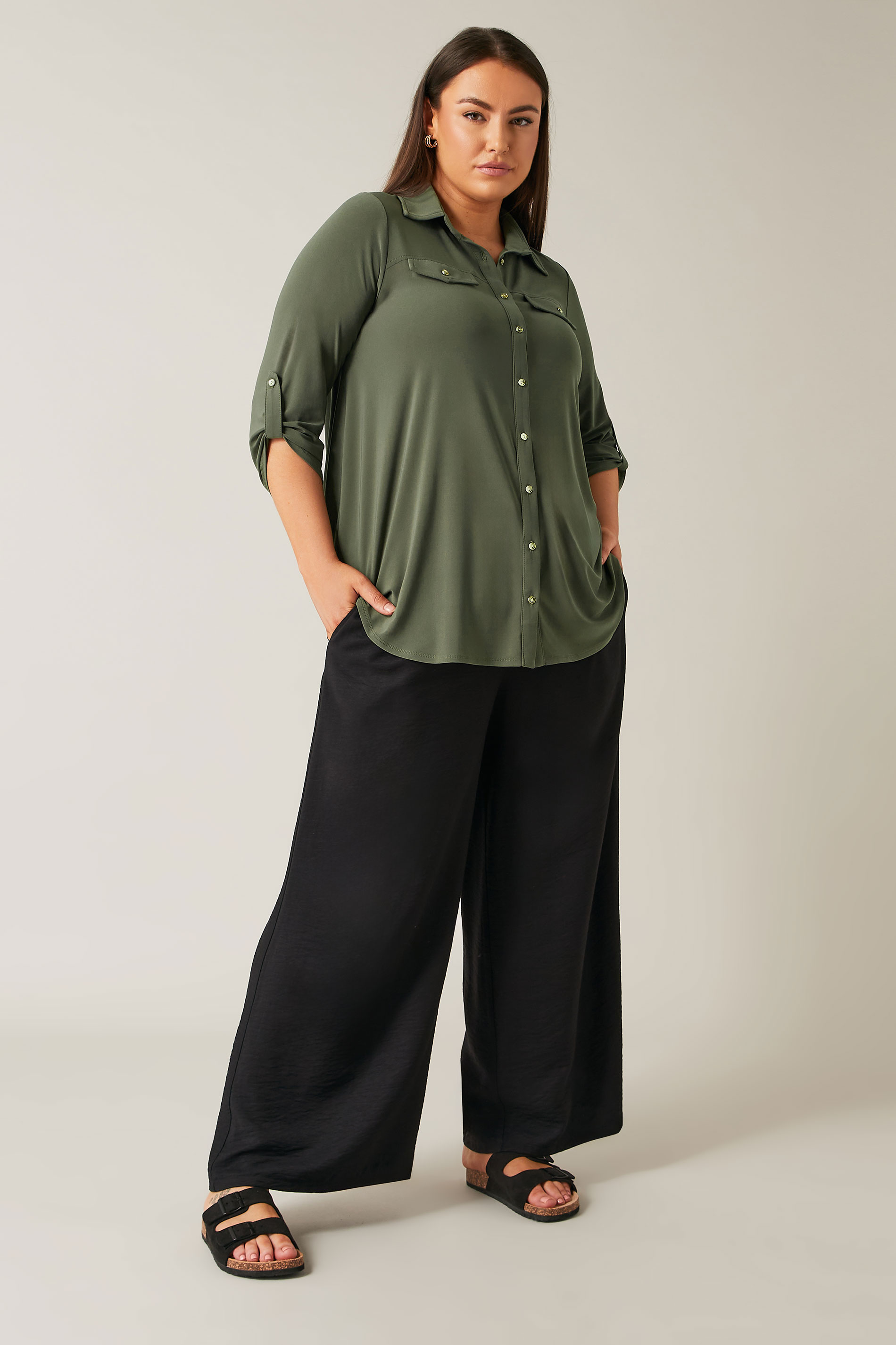 Evans Plus Size Khaki Green Tab Sleeve Blouse | Evans 1