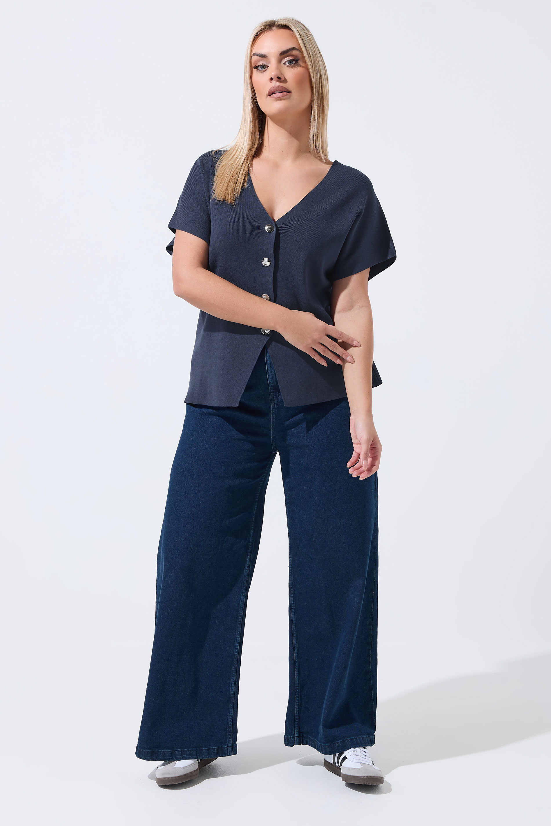 LIMITED COLLECTION Plus Size Navy Blue Short Sleeve Knitted Top | Yours Clothing 1