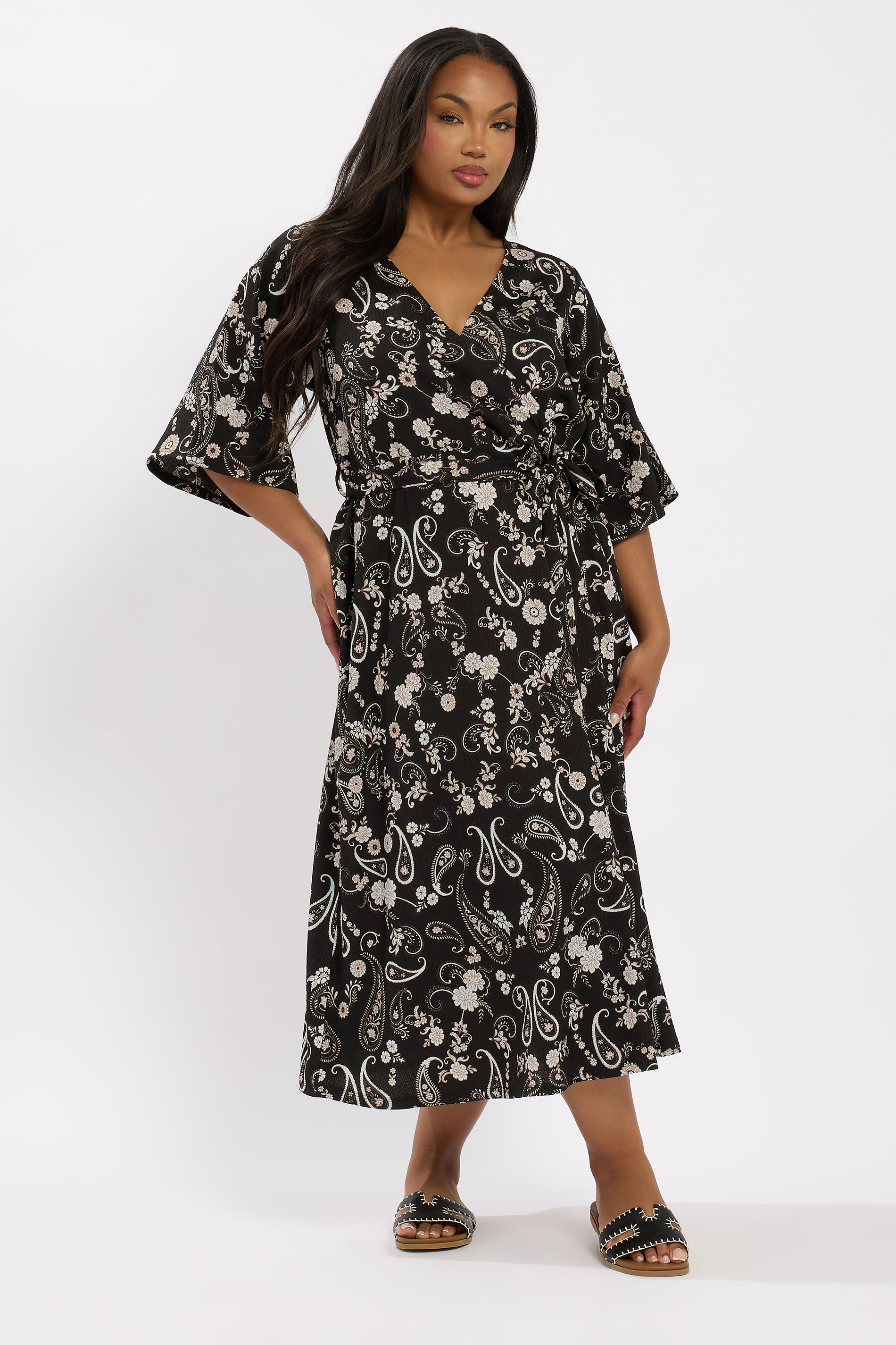 YOURS Plus Size Black Paisley Kimono Sleeve Maxi Wrap Dress | Yours Clothing 3