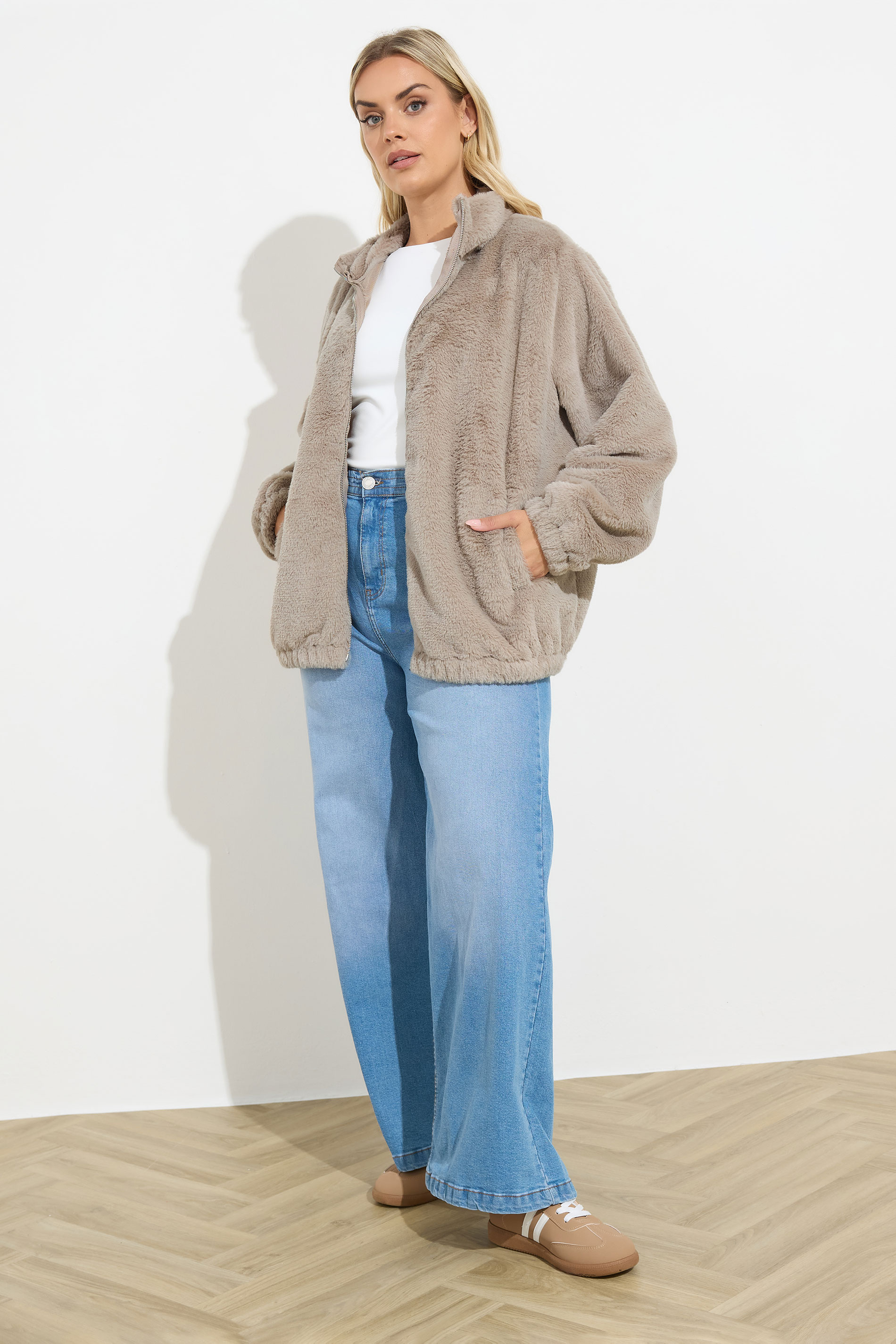 YOURS Plus Size Natural Brown Faux Fur Fleece Jacket | Yours Clothing 1