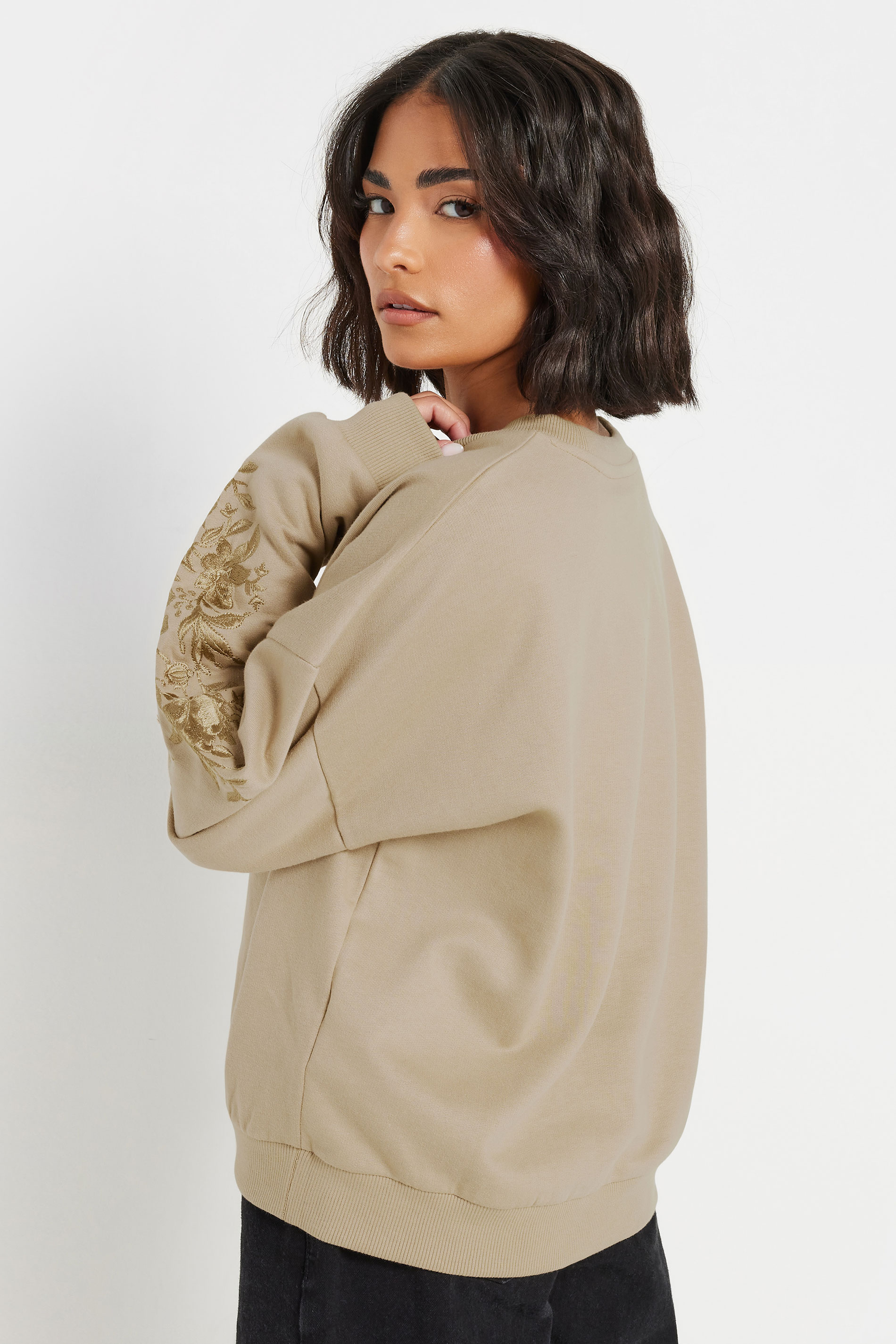 PixieGirl Petite Women's Natural Brown Floral Embroidered Sweatshirt | PixieGirl 4
