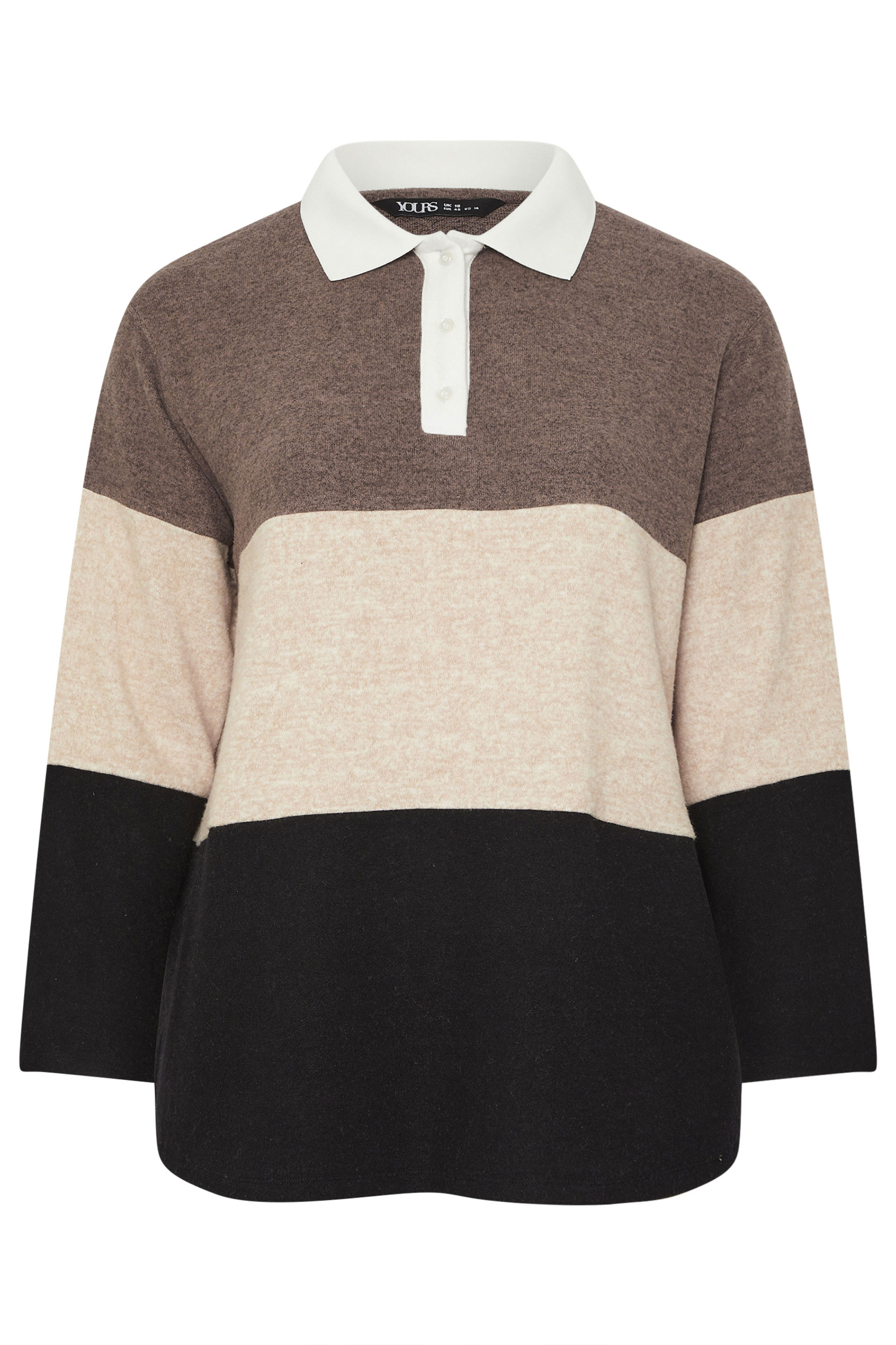 YOURS Plus Size Natural Brown Colourblock Rugby Collar Top | Yours Clothing 6