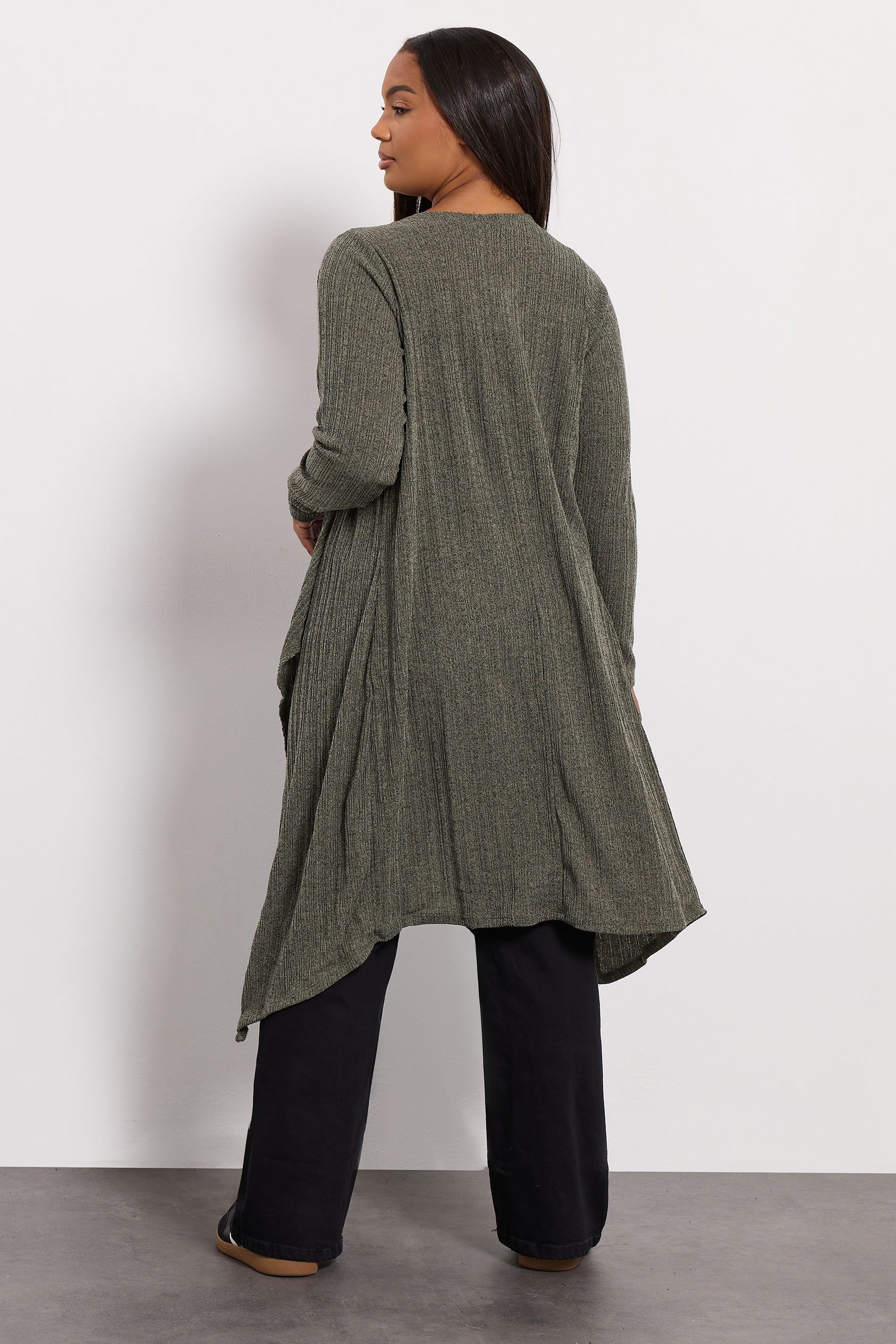 YOURS Plus Size Khaki Green Ribbed Midaxi Waterfall Cardigan | Yours Clothing 2