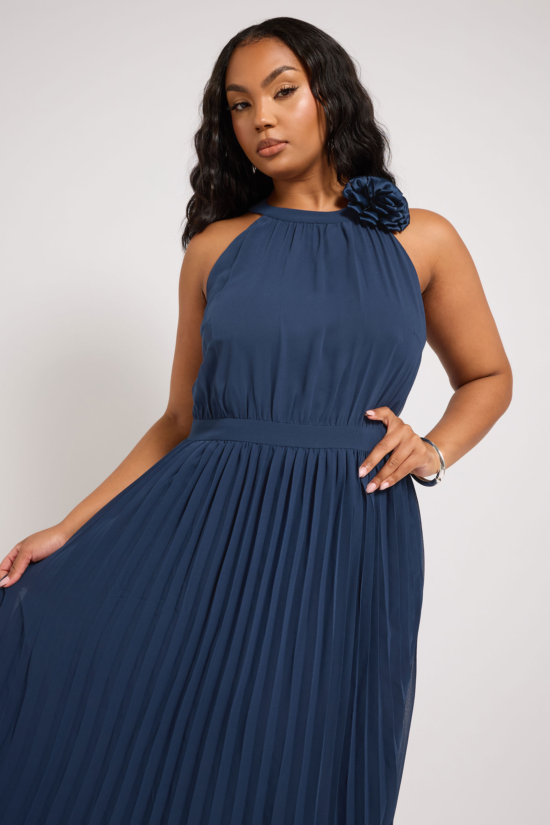 YOURS LONDON Plus Size Navy Blue Corsage Detail Pleated Maxi Dress | Yours Clothing 4