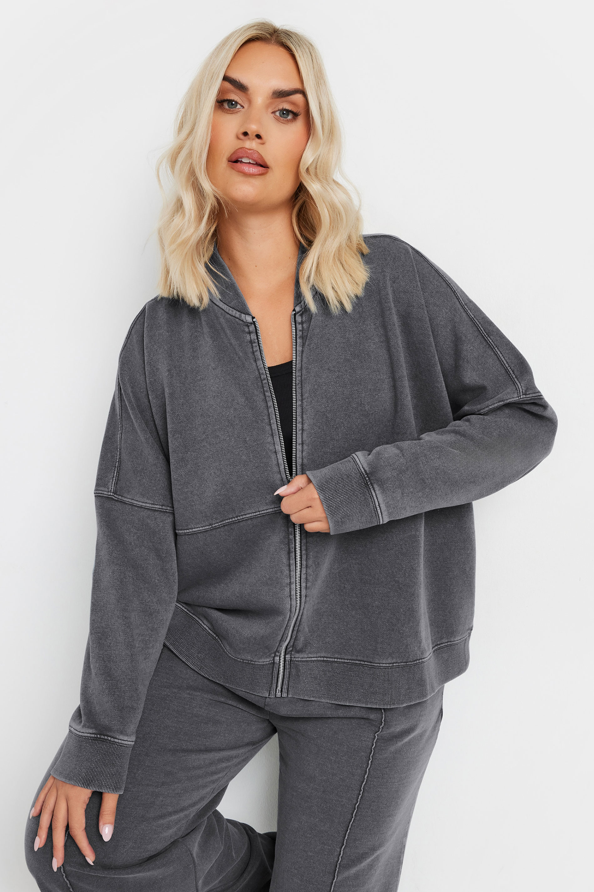 YOURS Plus Size Grey Acid Wash Oversized Sweat Bomber Jacket | Yours Clothing 3