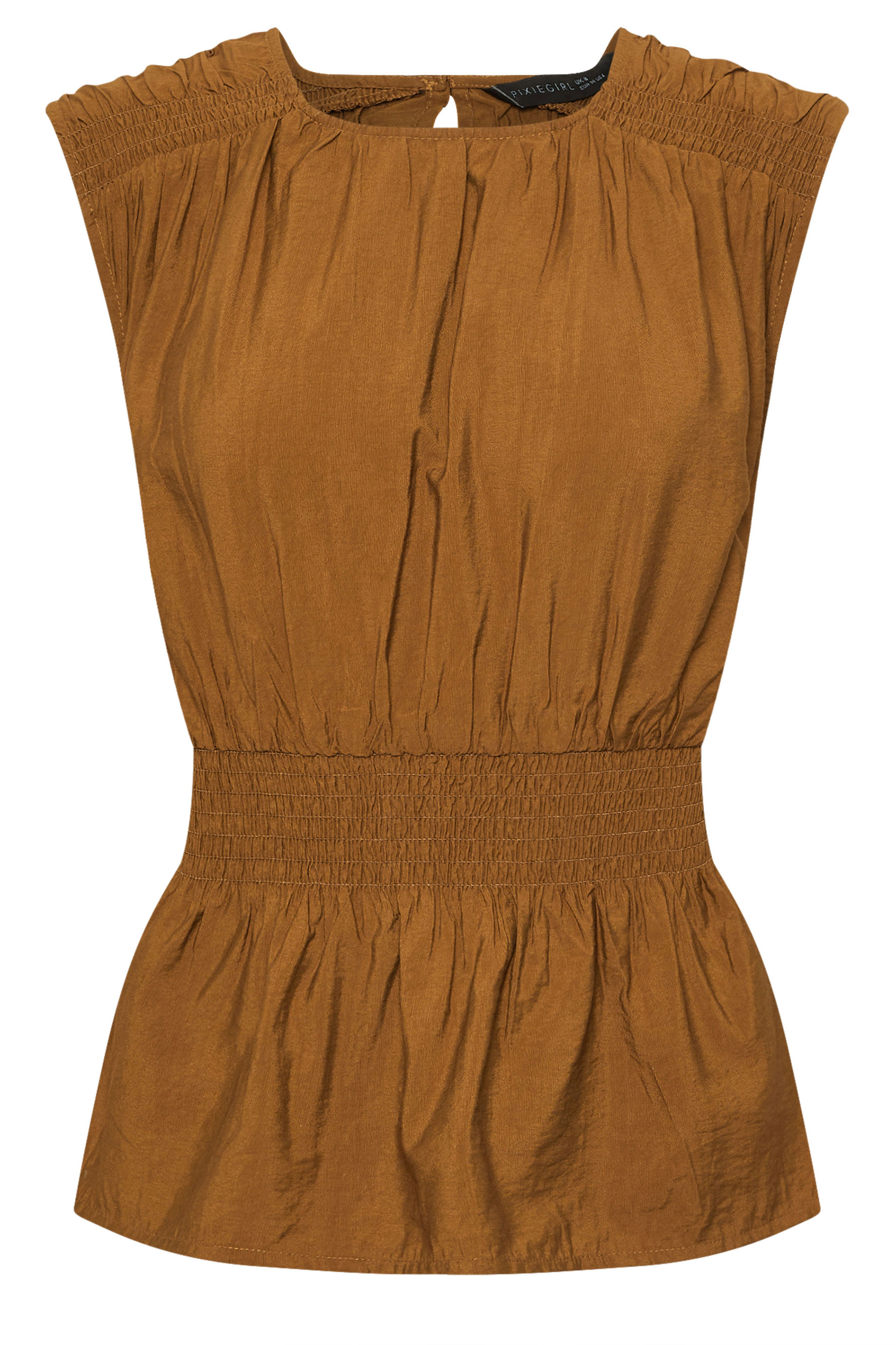 PixieGirl Petite Women's Brown Woven Shirred Waist Top | PixieGirl 7