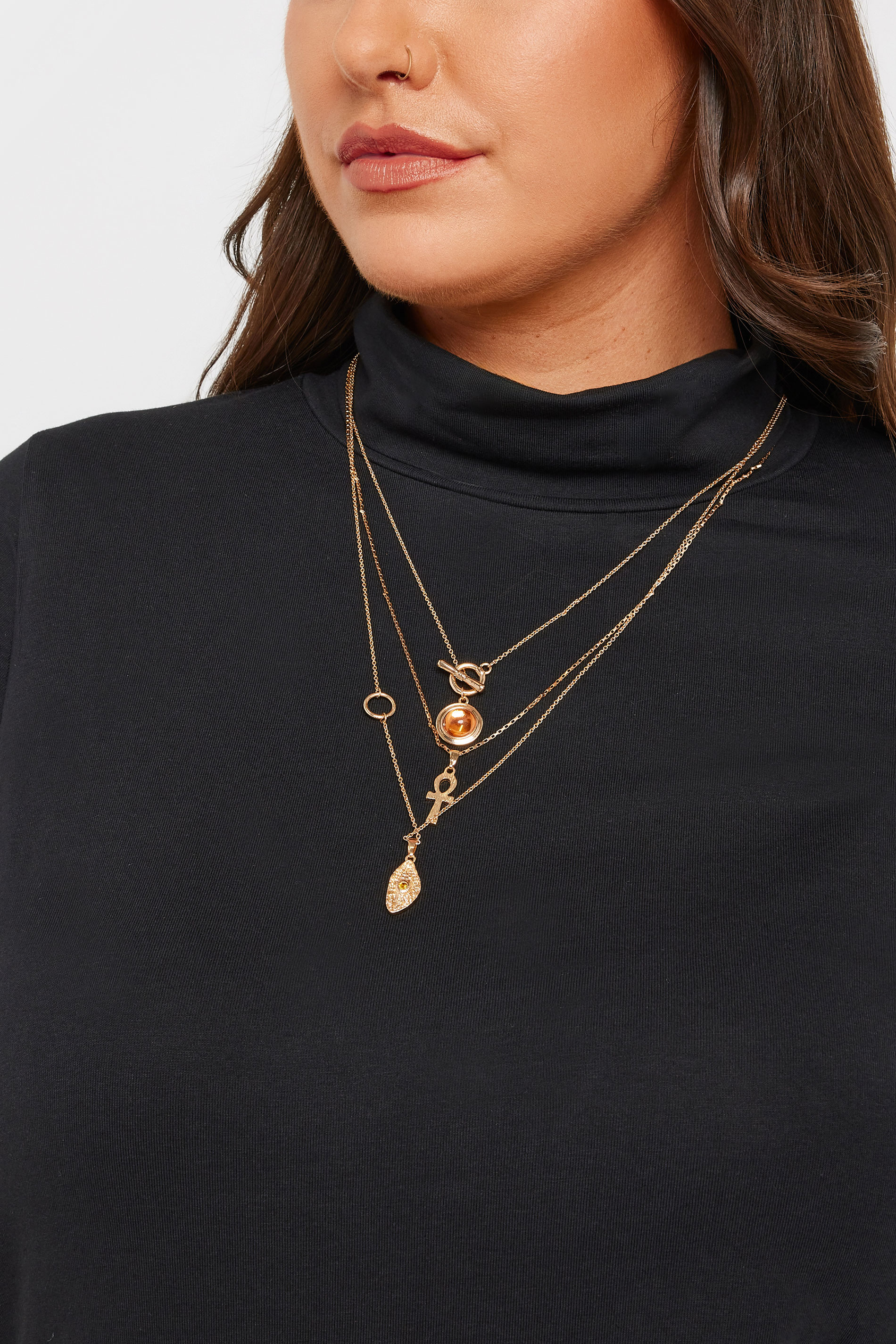 Women's Gold Yours Tone Triple Layer Amber Gemstone Necklace Size One Size