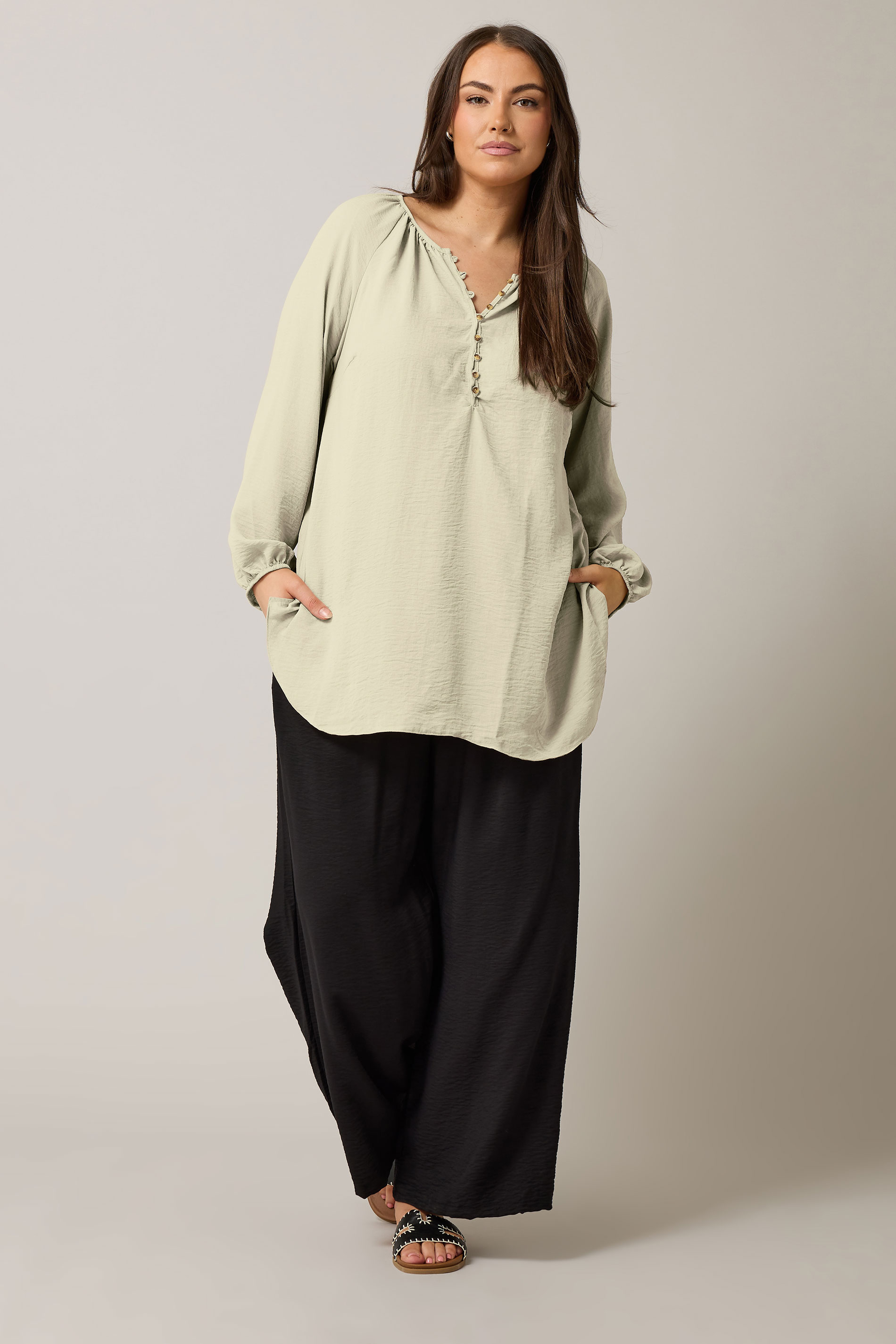 EVANS Plus Size Natural Brown Button Front Long Sleeve Blouse | Evans 1