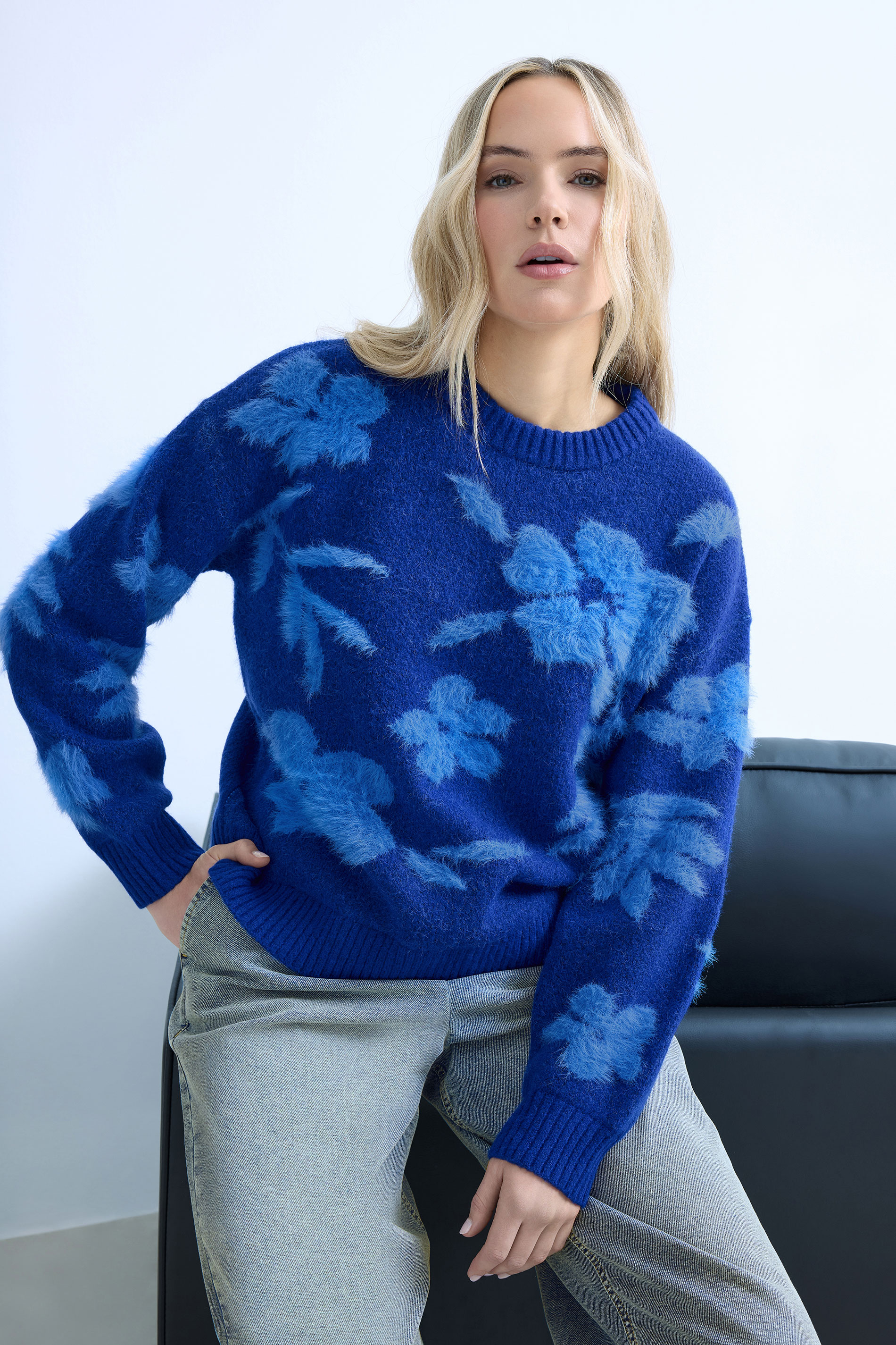 LTS Tall Blue Floral Fluffy Knit Jumper | Long Tall Sally 3