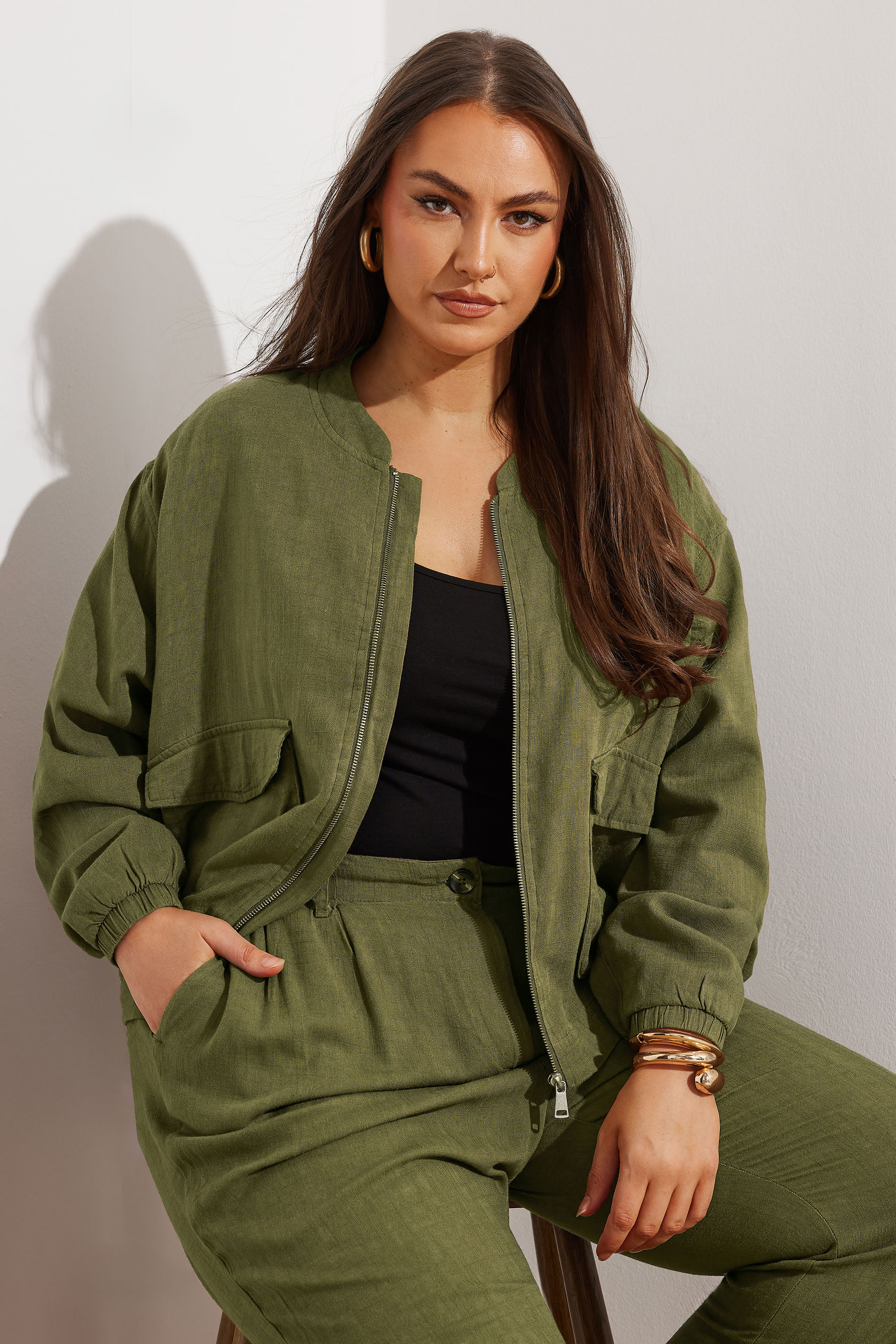 YOURS Plus Size Khaki Green Linen Bomber Jacket | Yours Clothing 1