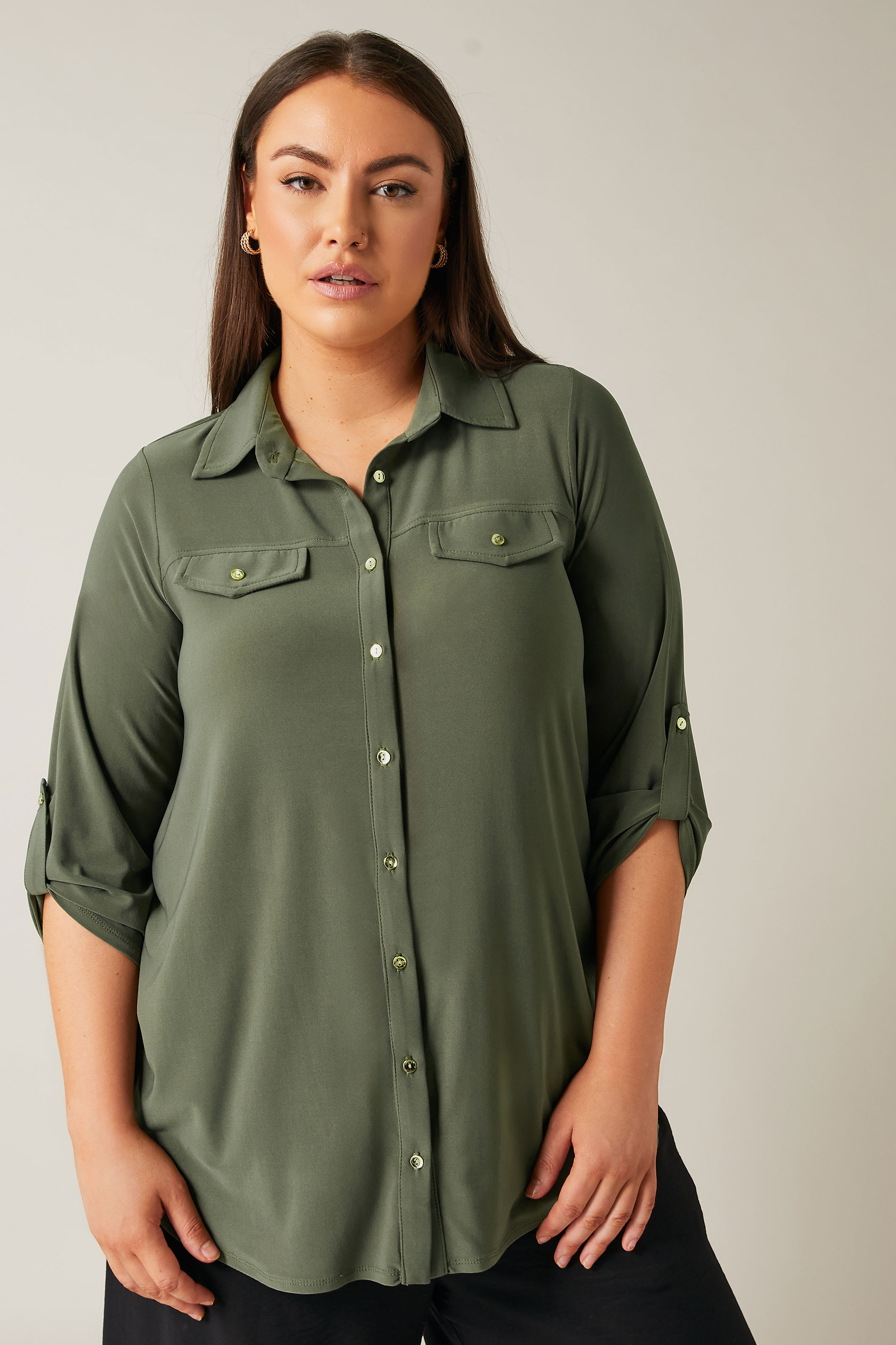 Evans Plus Size Khaki Green Tab Sleeve Blouse | Evans 3