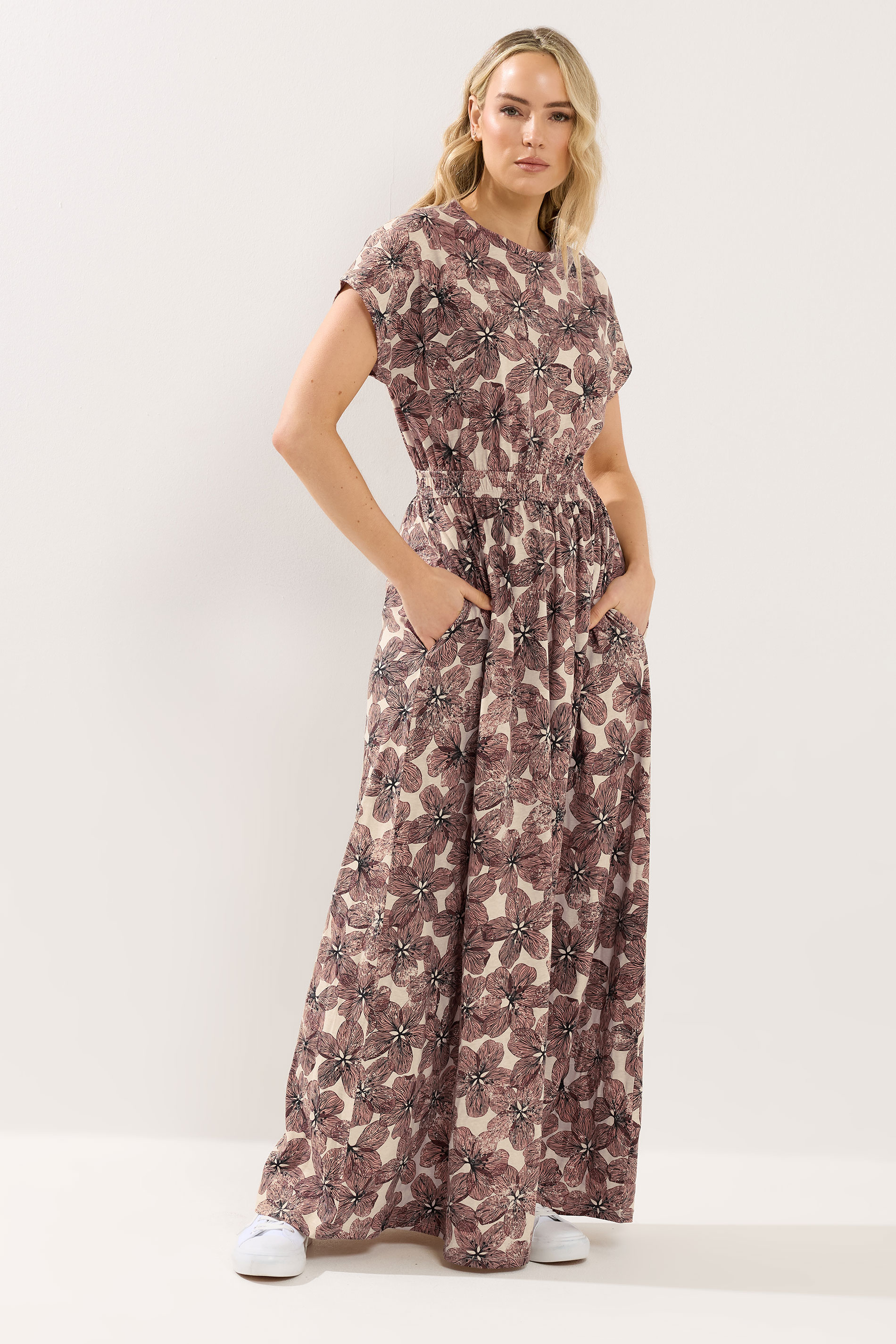 LTS Tall Women's Natural Brown Floral Jersey Shirred Waist Cotton Maxi Dress | Long Tall Sally 3