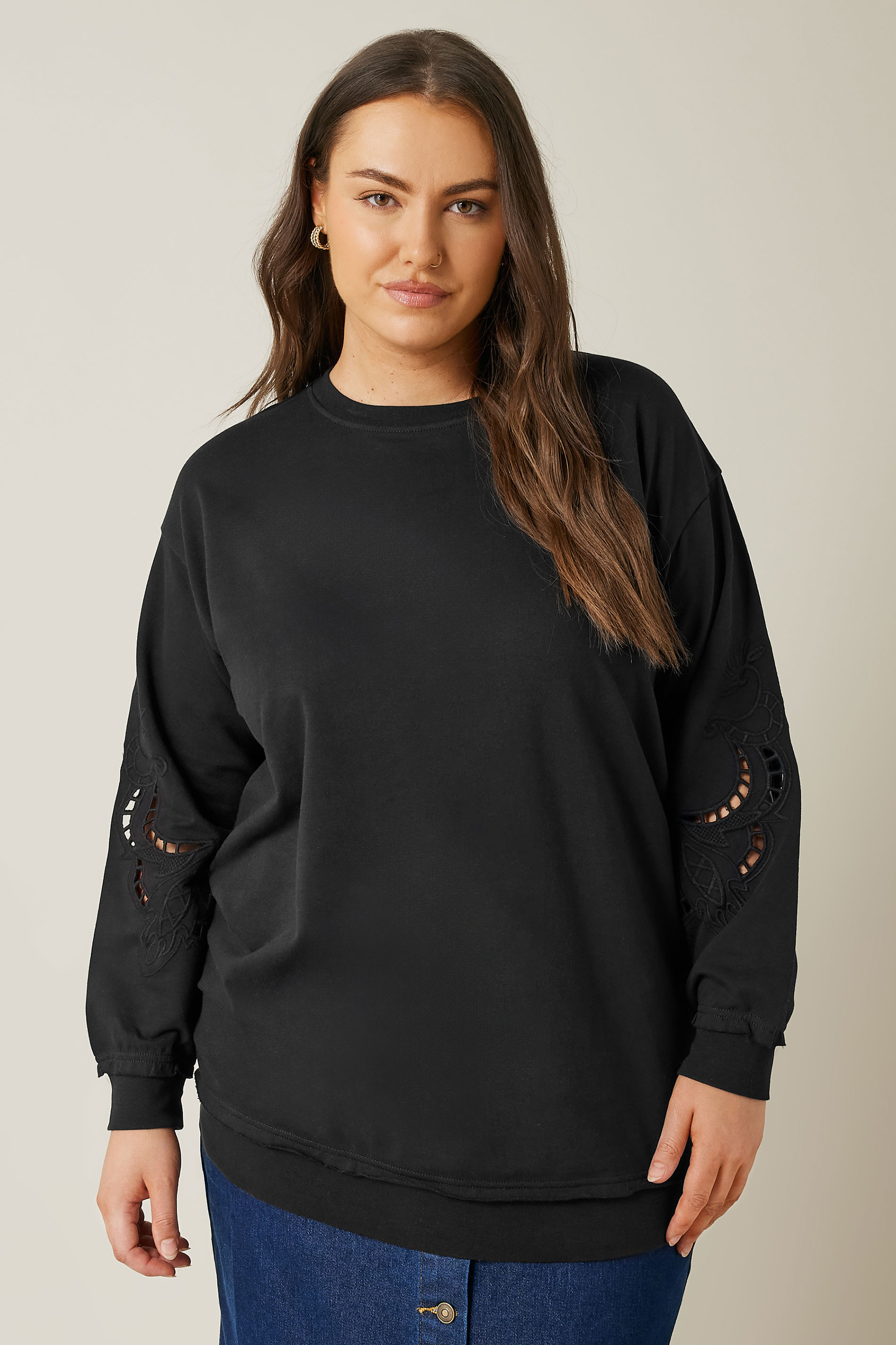 EVANS Plus Size Black Cutwork Crew Neck Sweatshirt | Evans 3