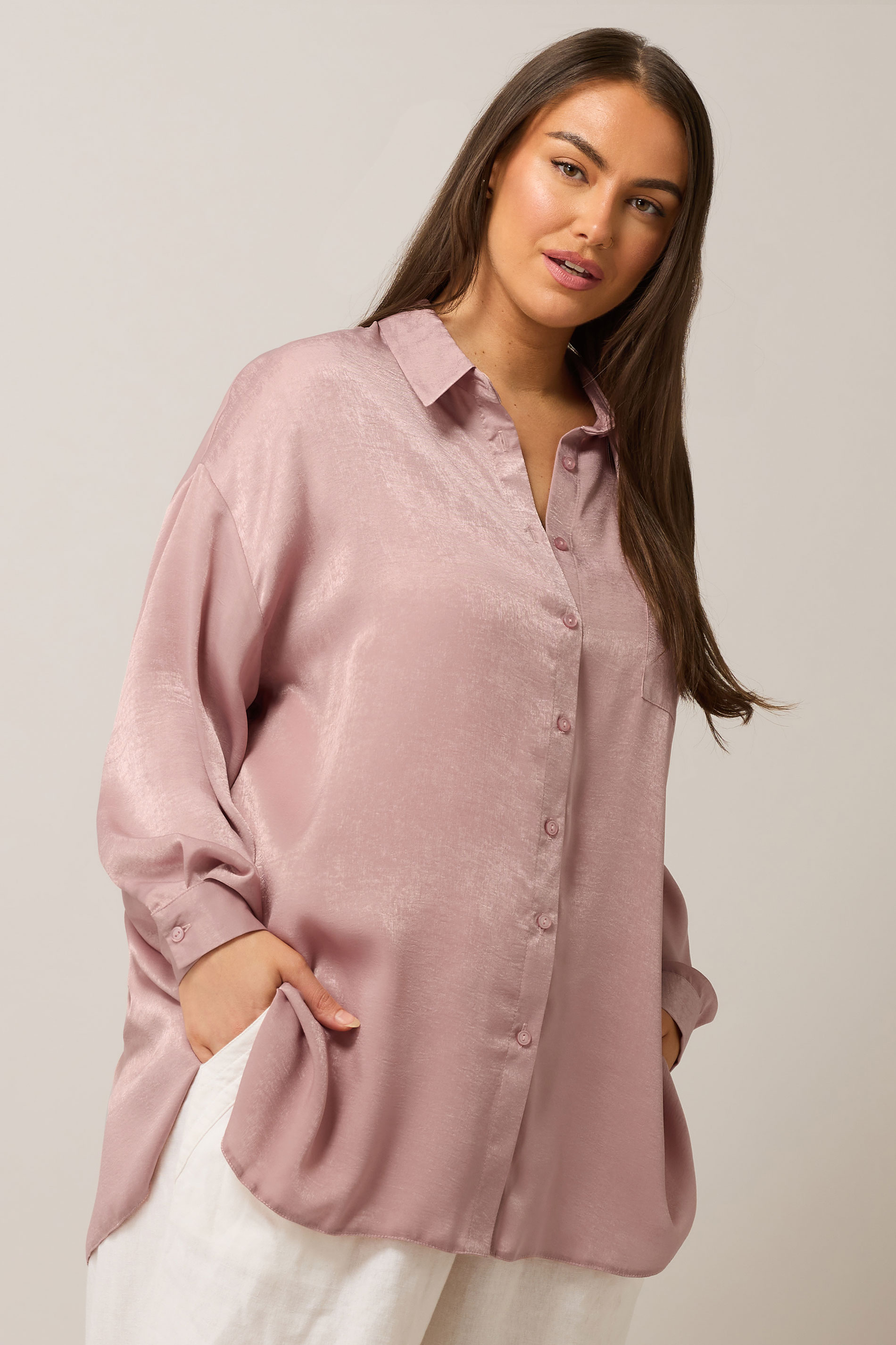 EVANS Plus Size Light Pink Metallic Button Through Shirt | Evans 3