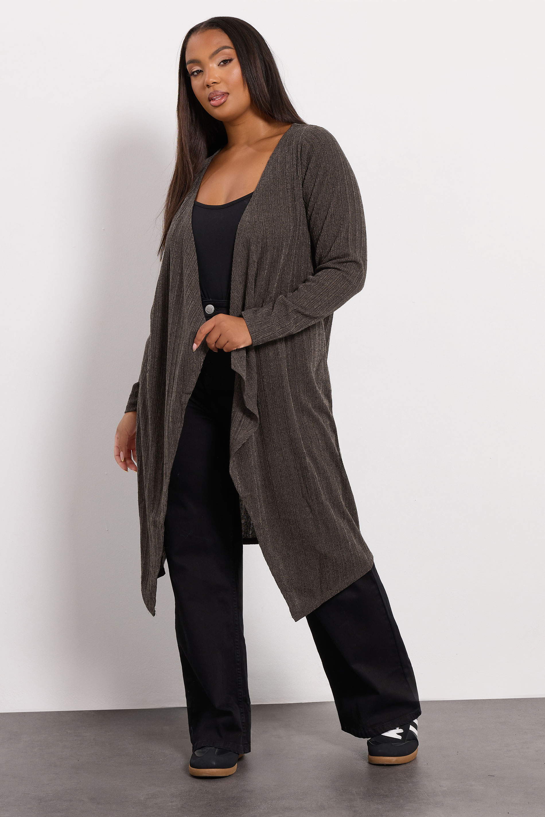 YOURS Plus Size Chocolate Brown Ribbed Midaxi Waterfall Cardigan | Yours Clothing 3