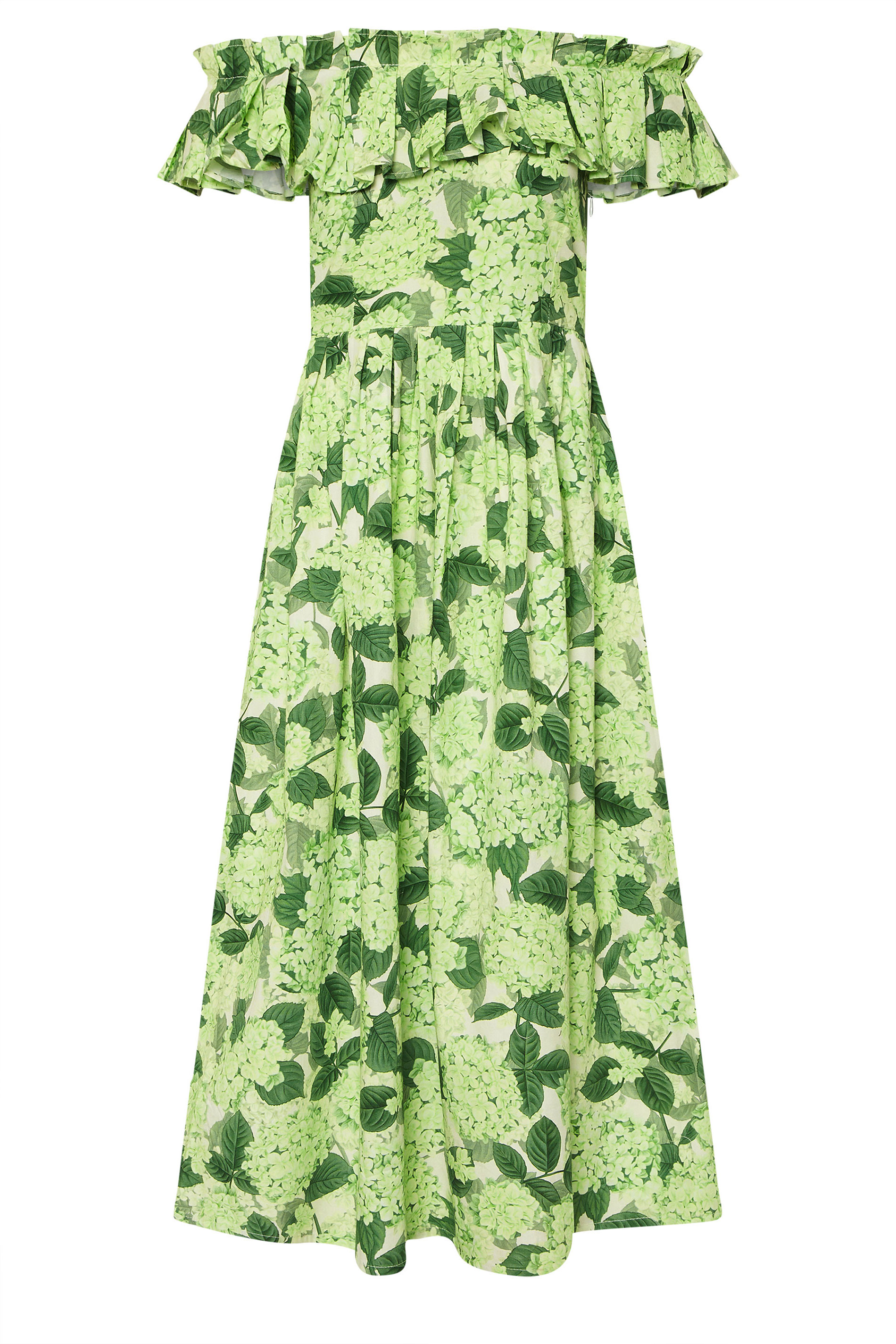 PixieGirl Petite Women's Green Floral Ruffle Cotton Bardot Midi Dress | PixieGirl 6