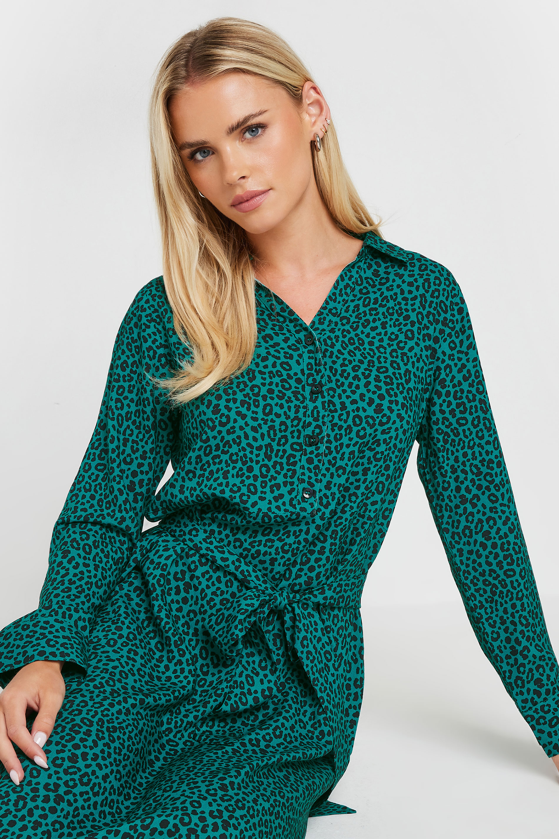M&Co Petite Teal Green Leopard Print Midi Shirt Dress | M&Co 4