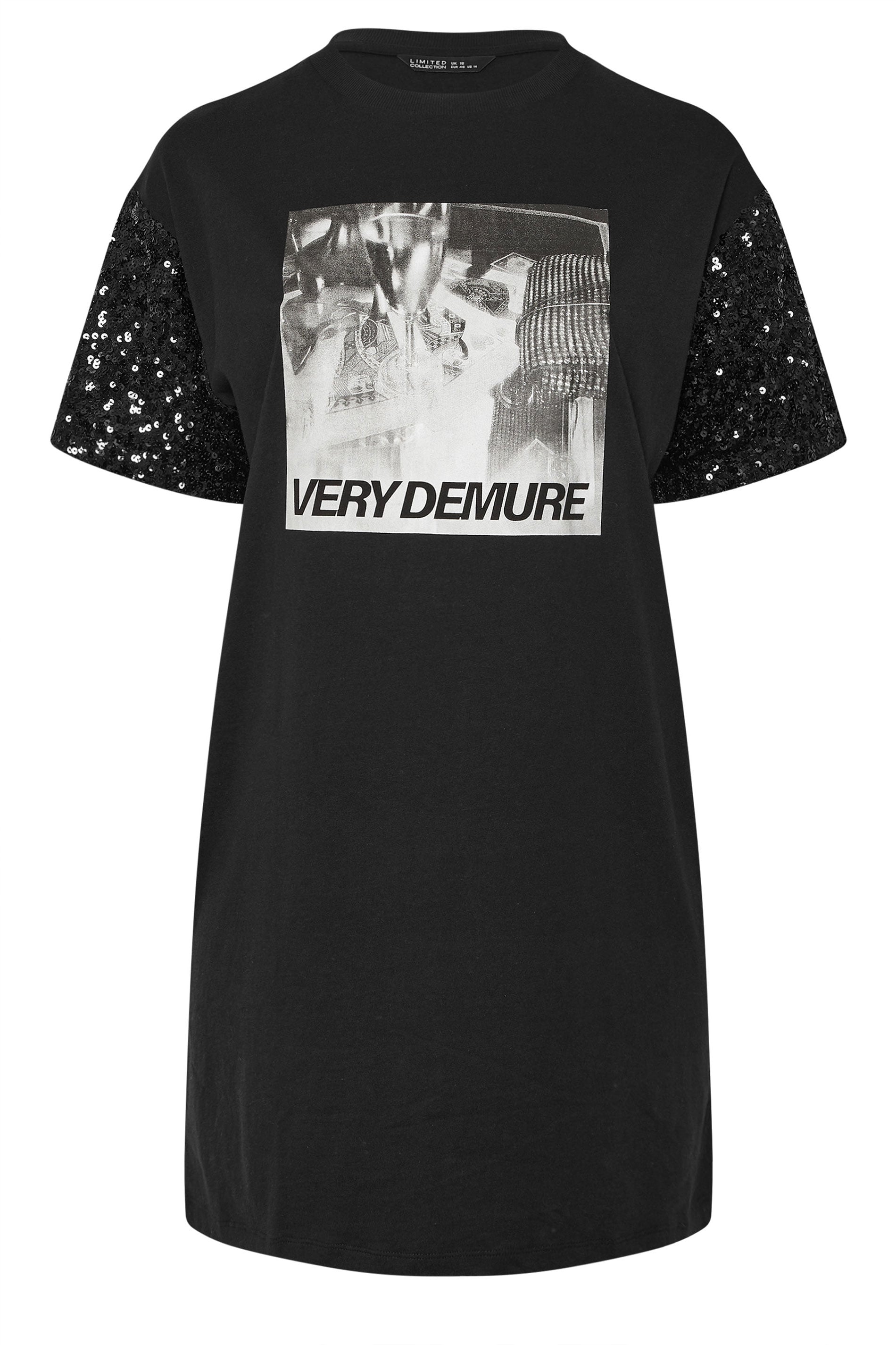 LIMITED COLLECTION Plus Size Black Sequin 'Very Demure' Graphic T-Shirt Dress | Yours Clothing 5