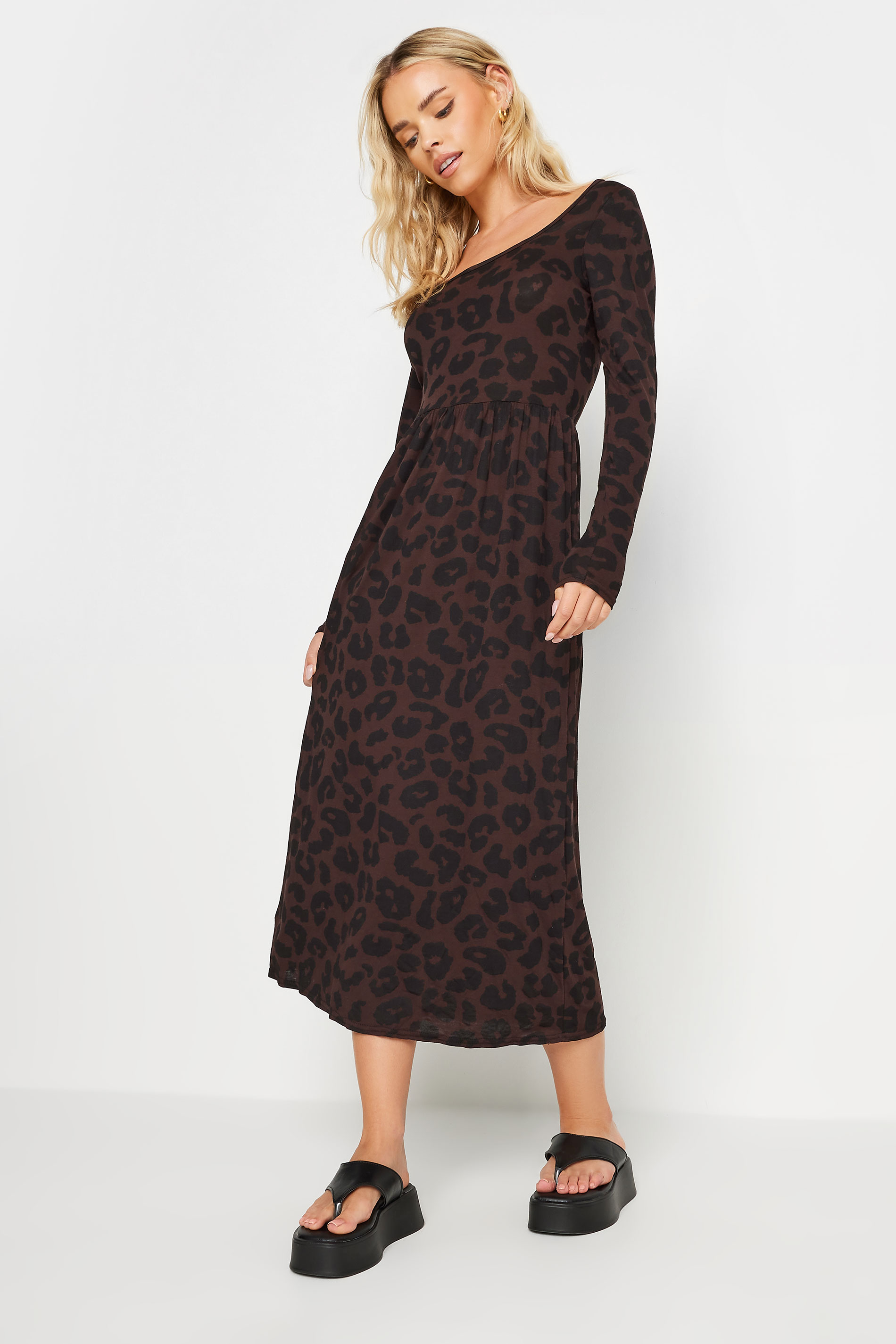PixieGirl Petite Brown Leopard Print Long Sleeve Midi Dress | PixieGirl  2