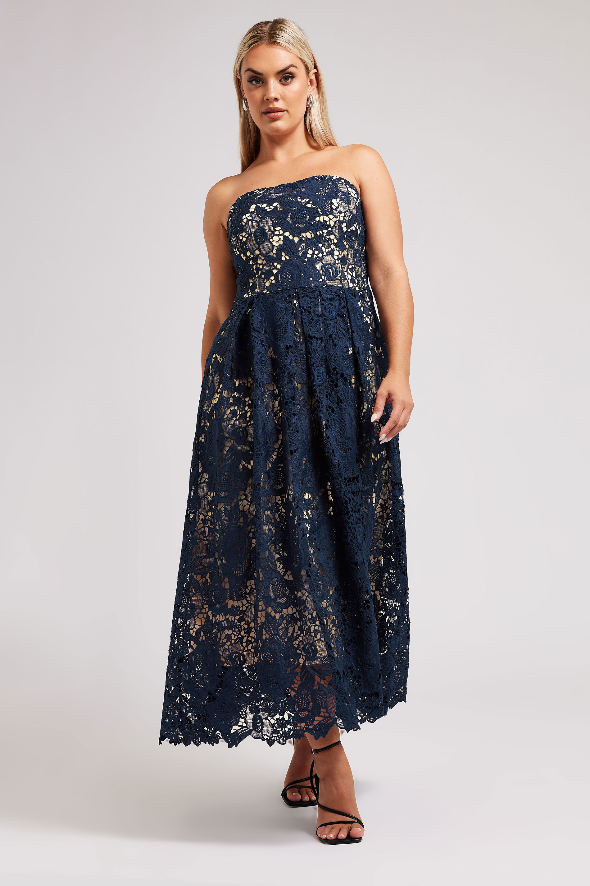 YOURS LONDON Plus Size Navy Blue Sleeveless Lace Skater Dress | Yours Clothing 2