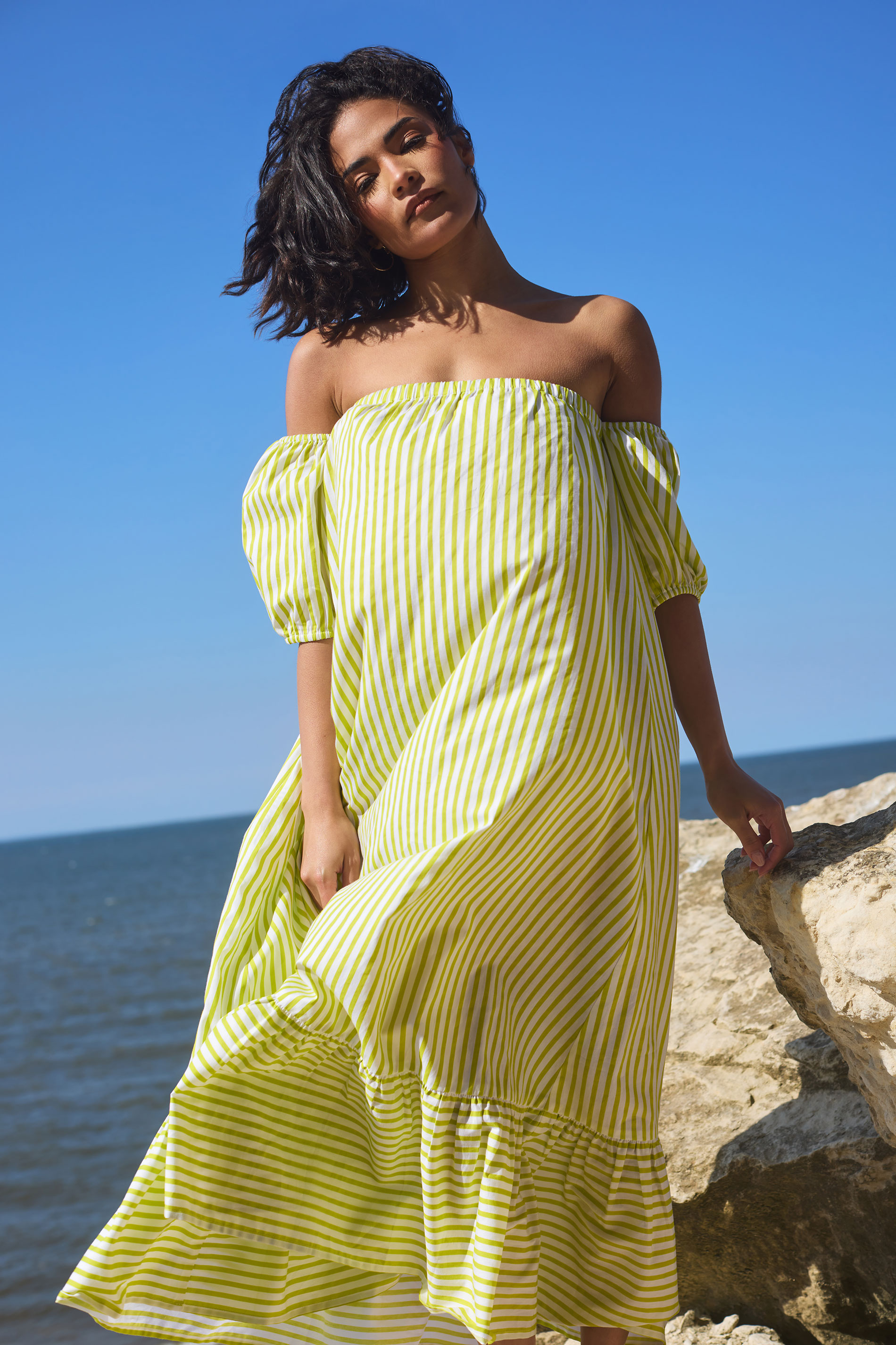 PixieGirl Petite Women's Lime Green Stripe Bardot Cotton Maxi Dress | PixieGirl 3