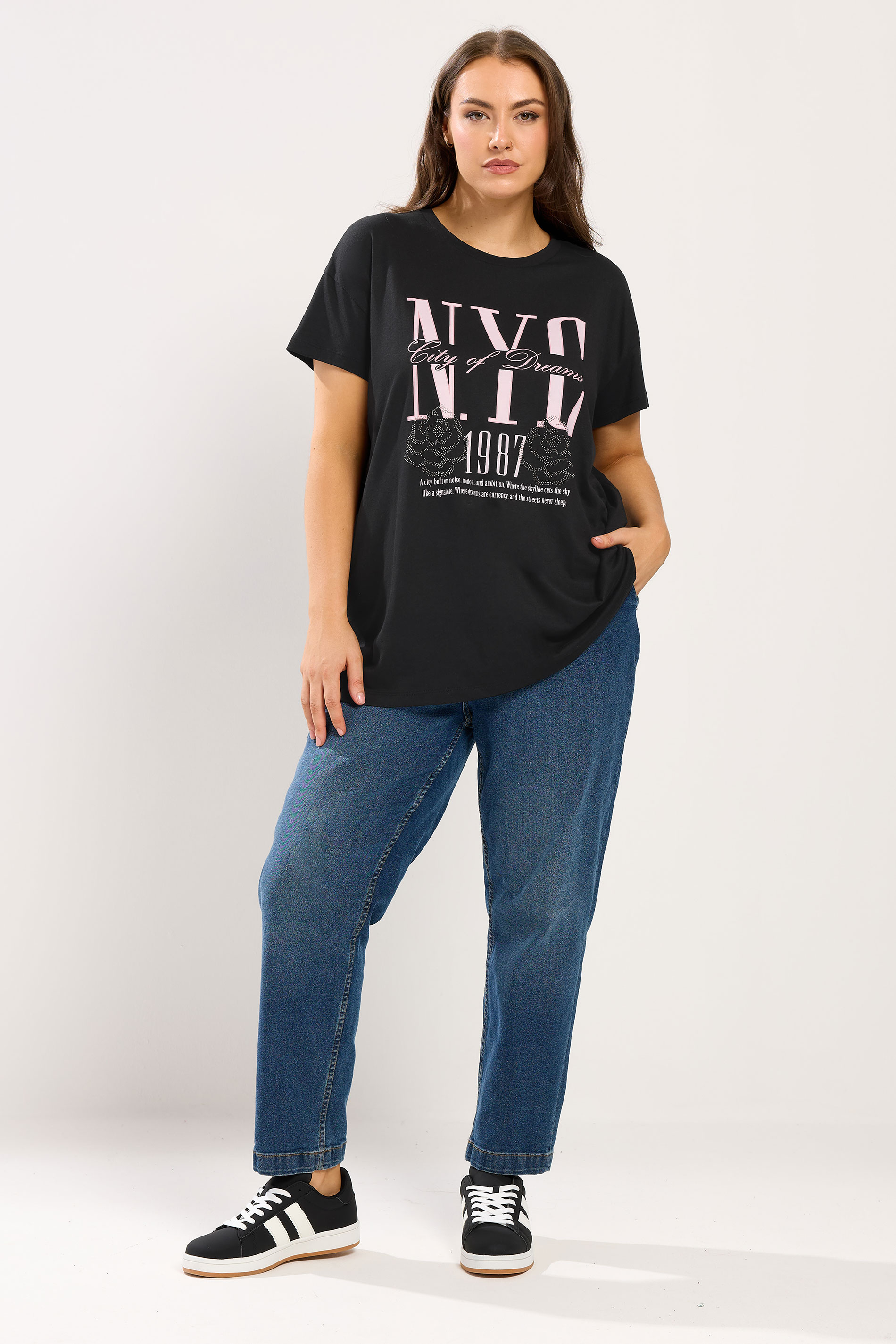 YOURS Plus Size Black 'NYC' Rose Embellished Graphic T-Shirt | Yours Clothing 1