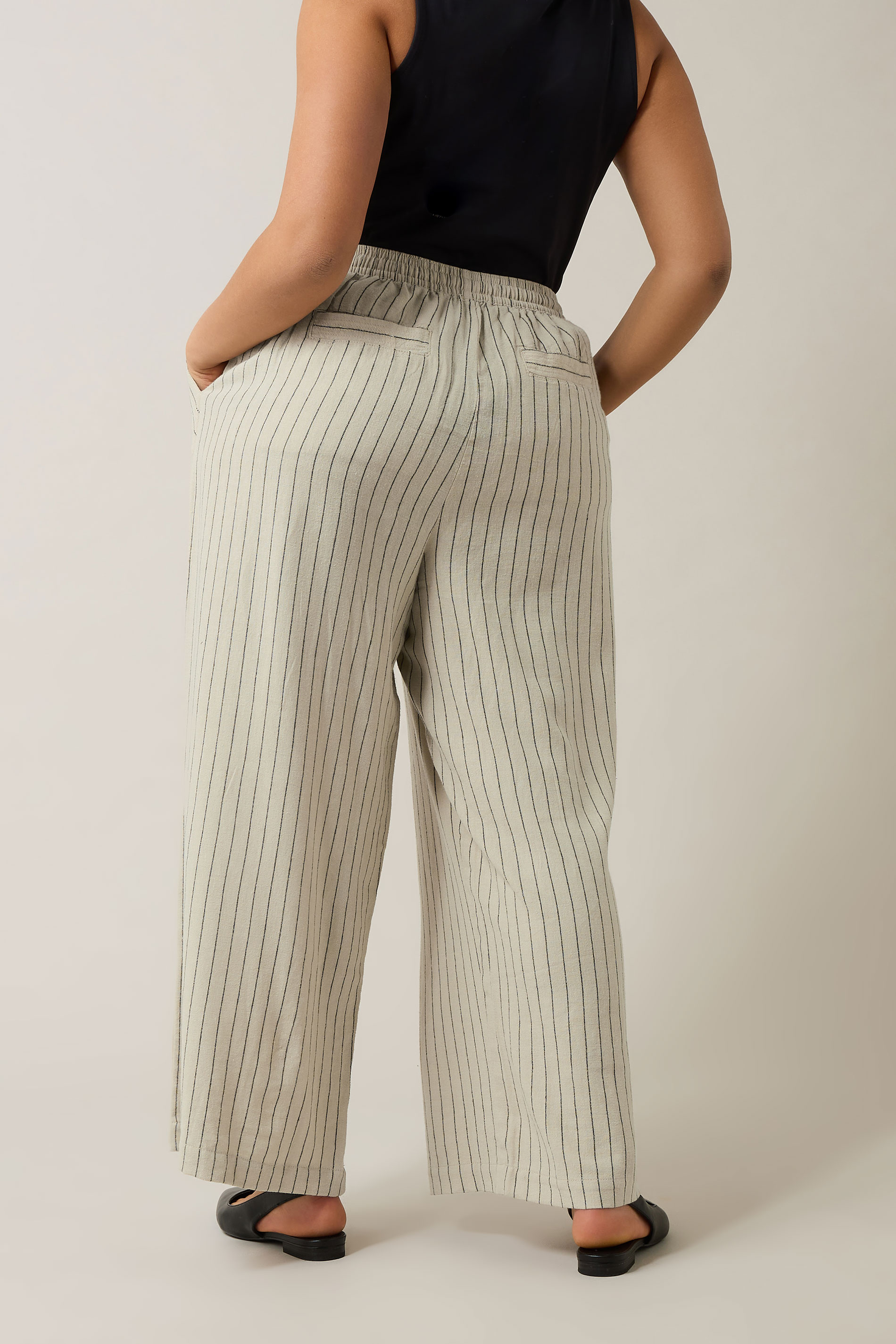 EVANS Plus Size Natural Brown Stripe Print Premium Linen Trousers | Evans 4
