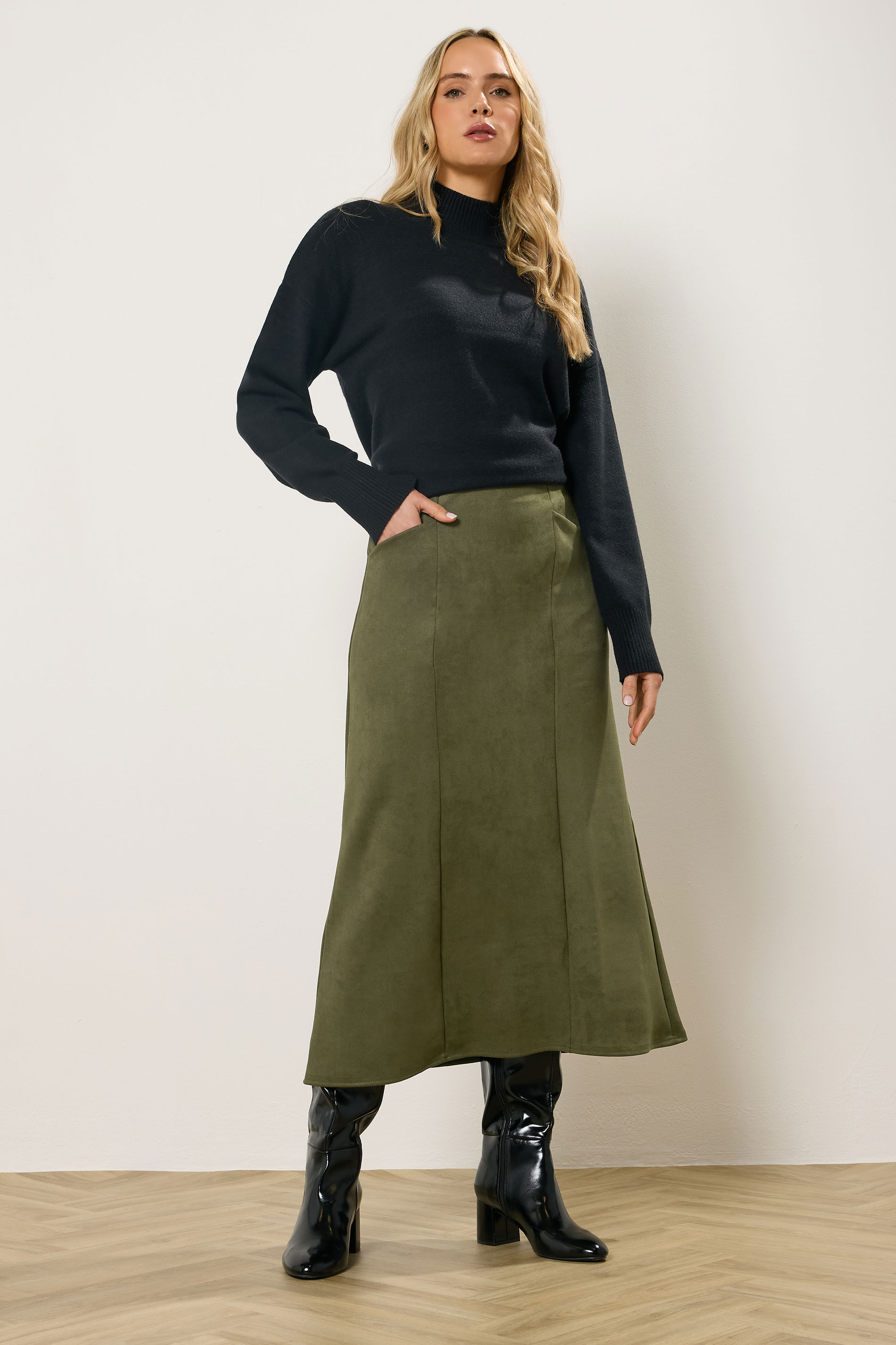 LTS Tall Women's Khaki Green Faux Suede Midi Skirt | Long Tall Sally 3
