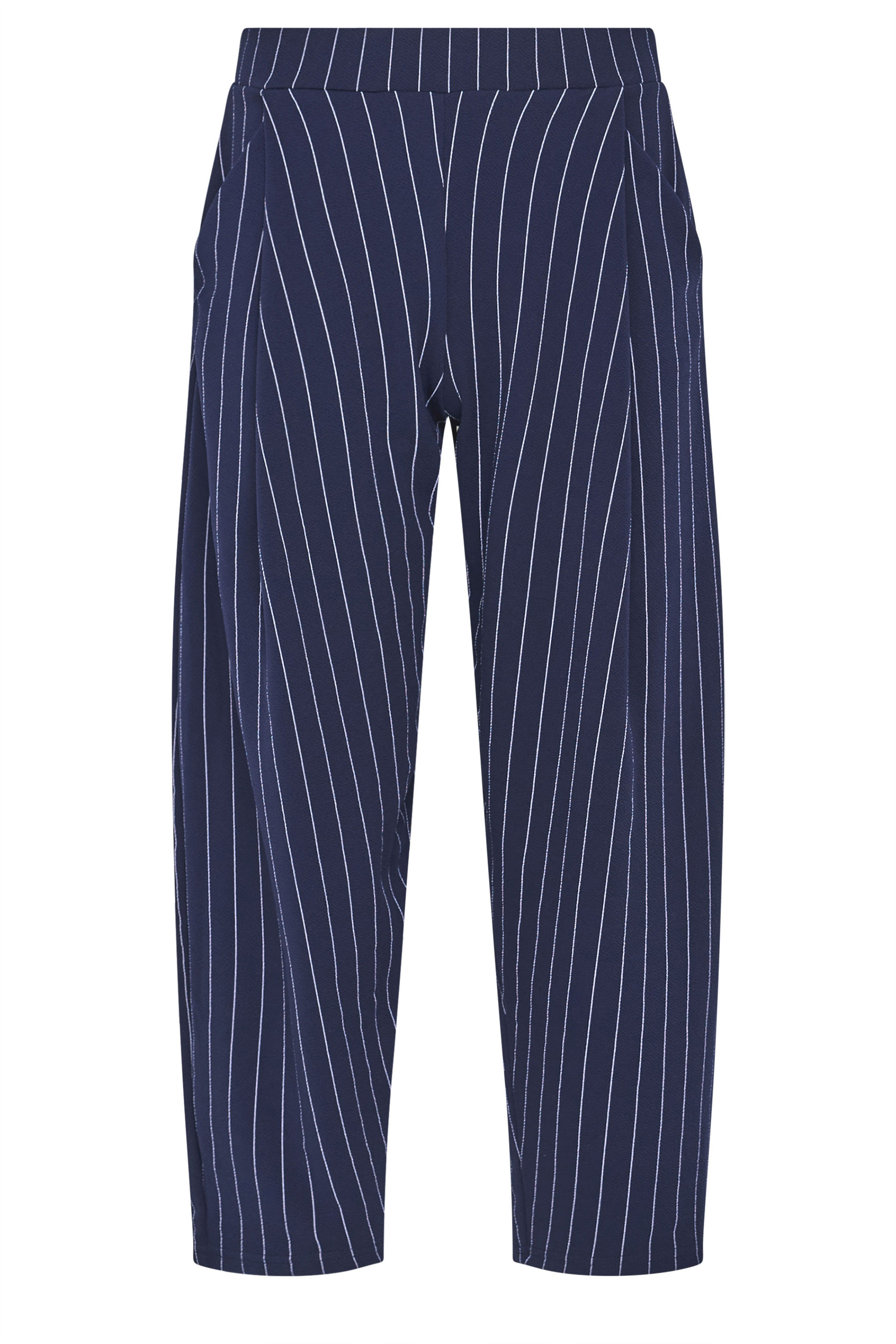 PixieGirl Petite Womens Navy Blue Stripe Barrel Leg Trousers | PixieGirl 5