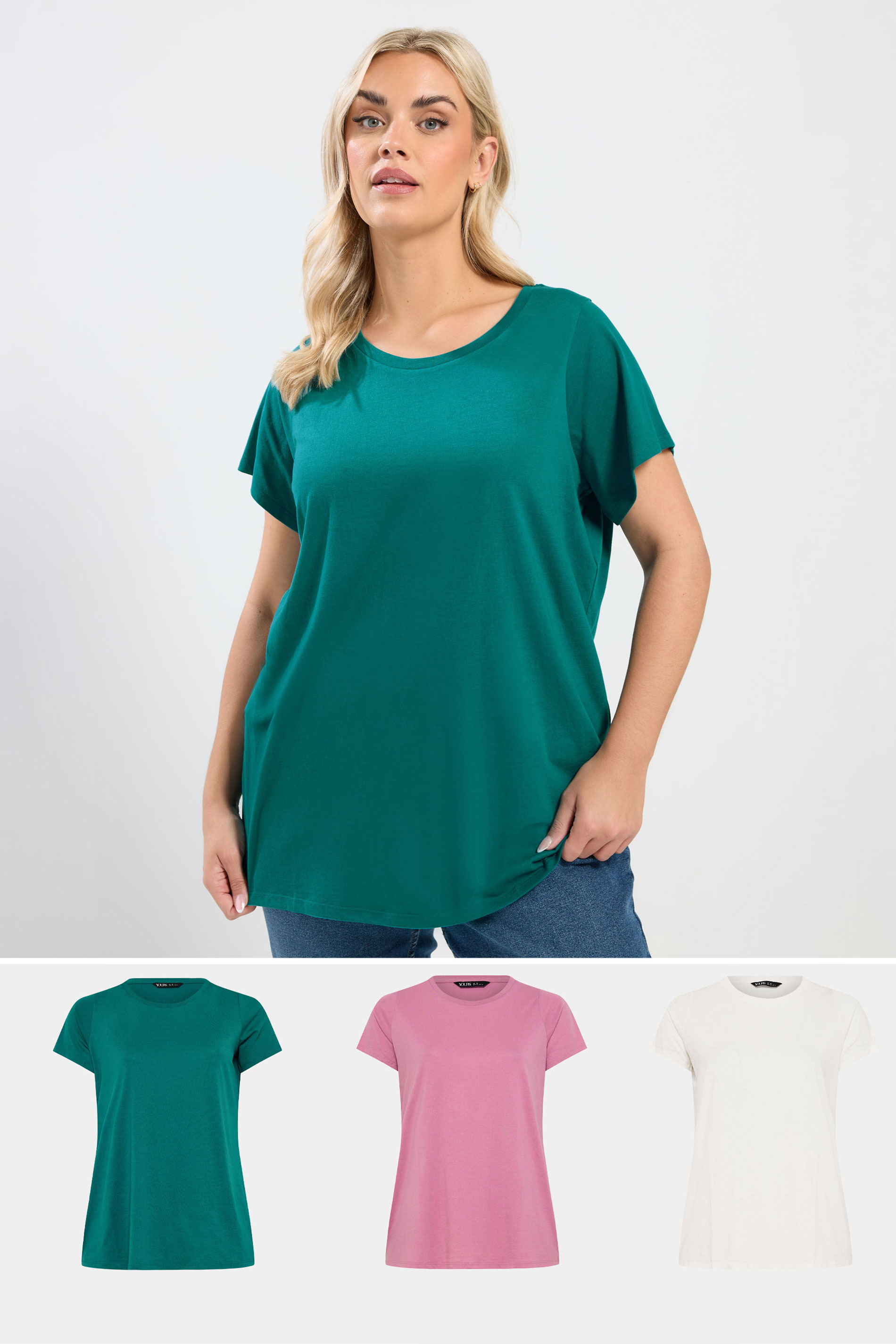 YOURS Plus Size 3 PACK Pink & Green Core T-Shirts | Yours Clothing 1