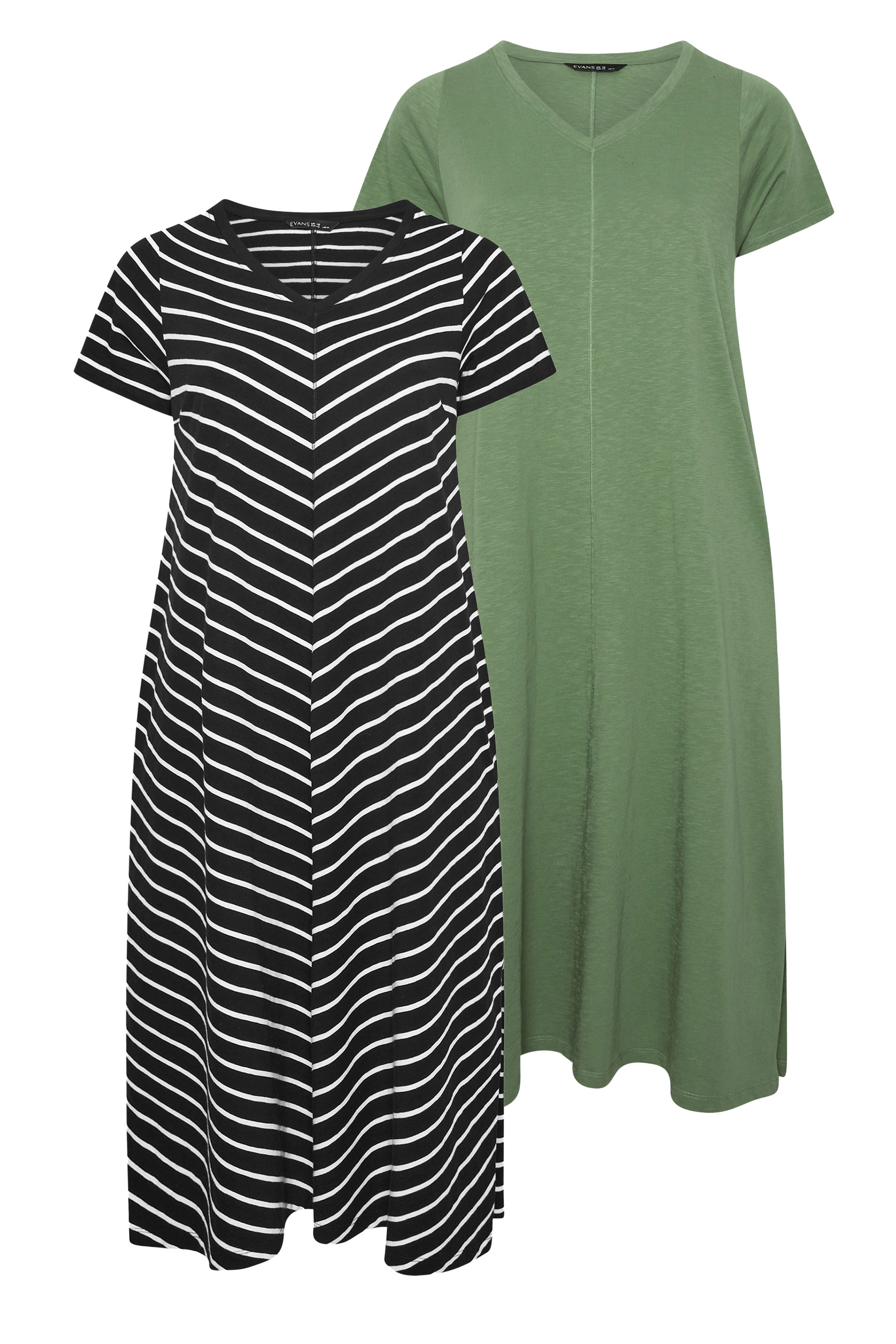 EVANS Plus Size 2 Pack Black & Khaki Green Cotton Dresses | Evans 7