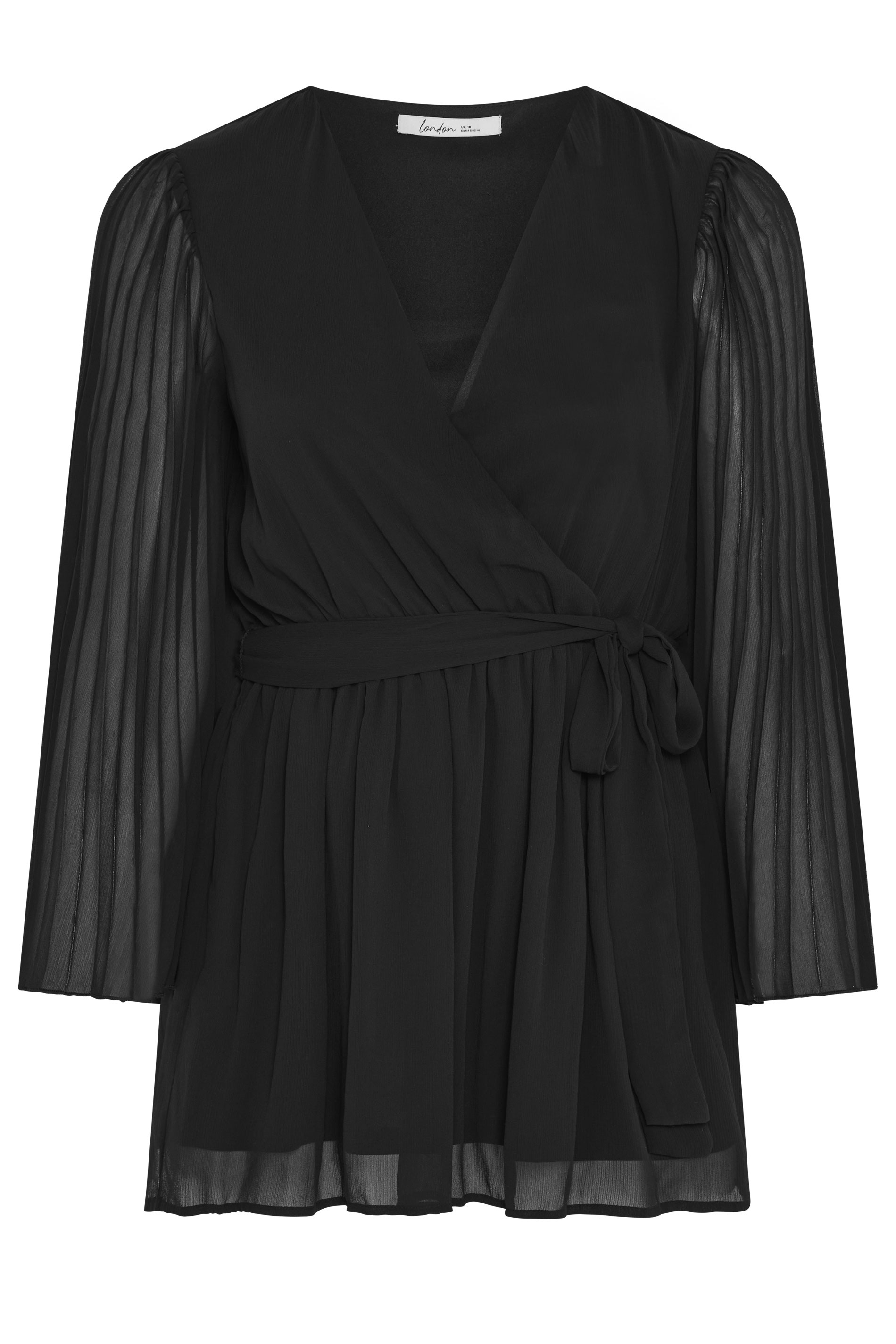 YOURS LONDON Plus Size Black Pleat Sleeve Wrap Top | Yours Clothing 5