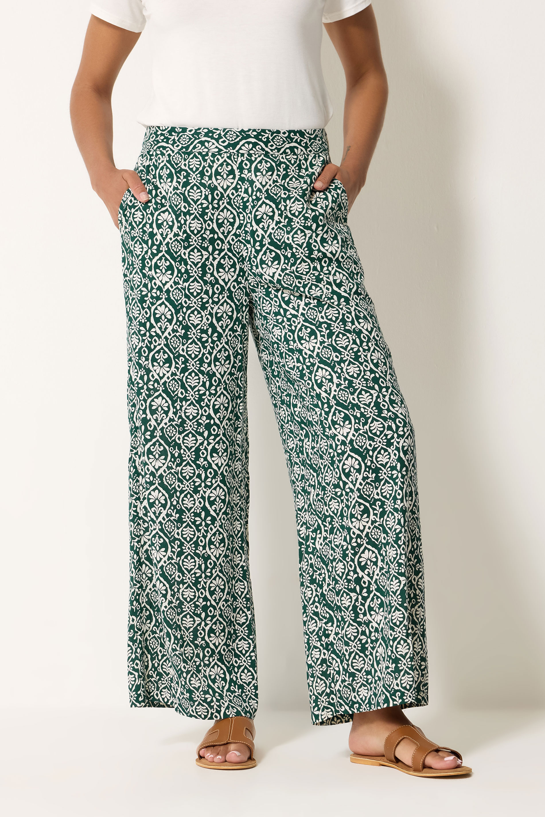 M&Co Green Abstract Print Wide Leg Trousers | M&Co 1