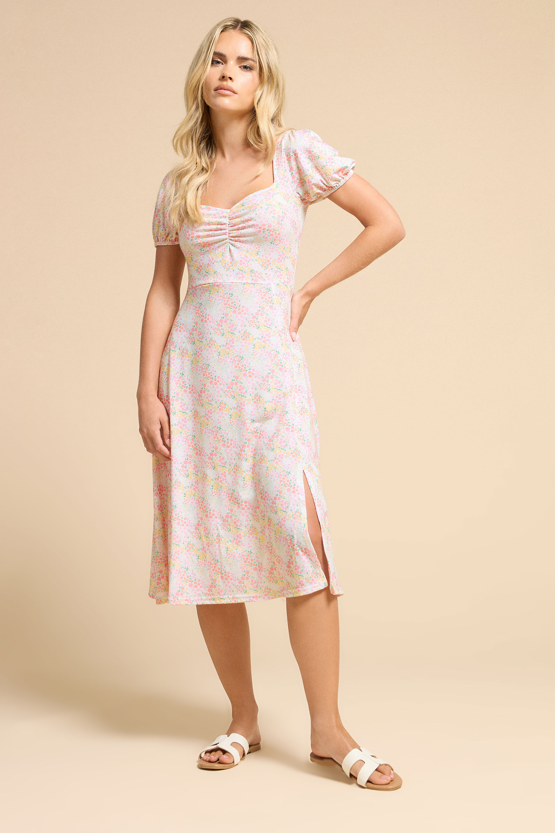 PixieGirl Petite Women's Pink Ditsy Puff Sleeve Midi Dress | PixieGirl 3