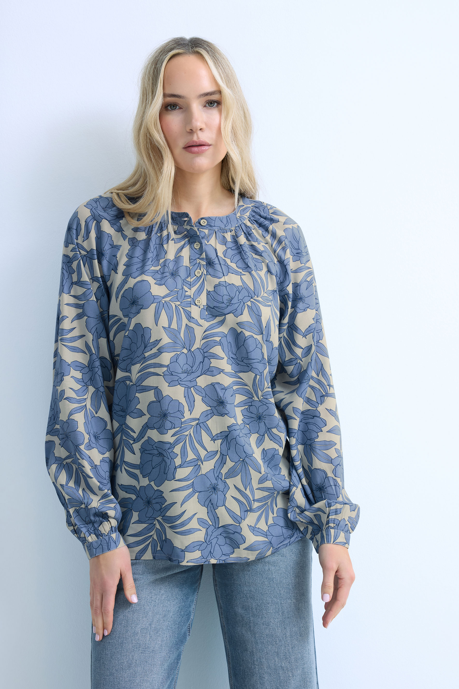 LTS Tall Women's Cream & Blue Placket Raglan Blouse | Long Tall Sally 3