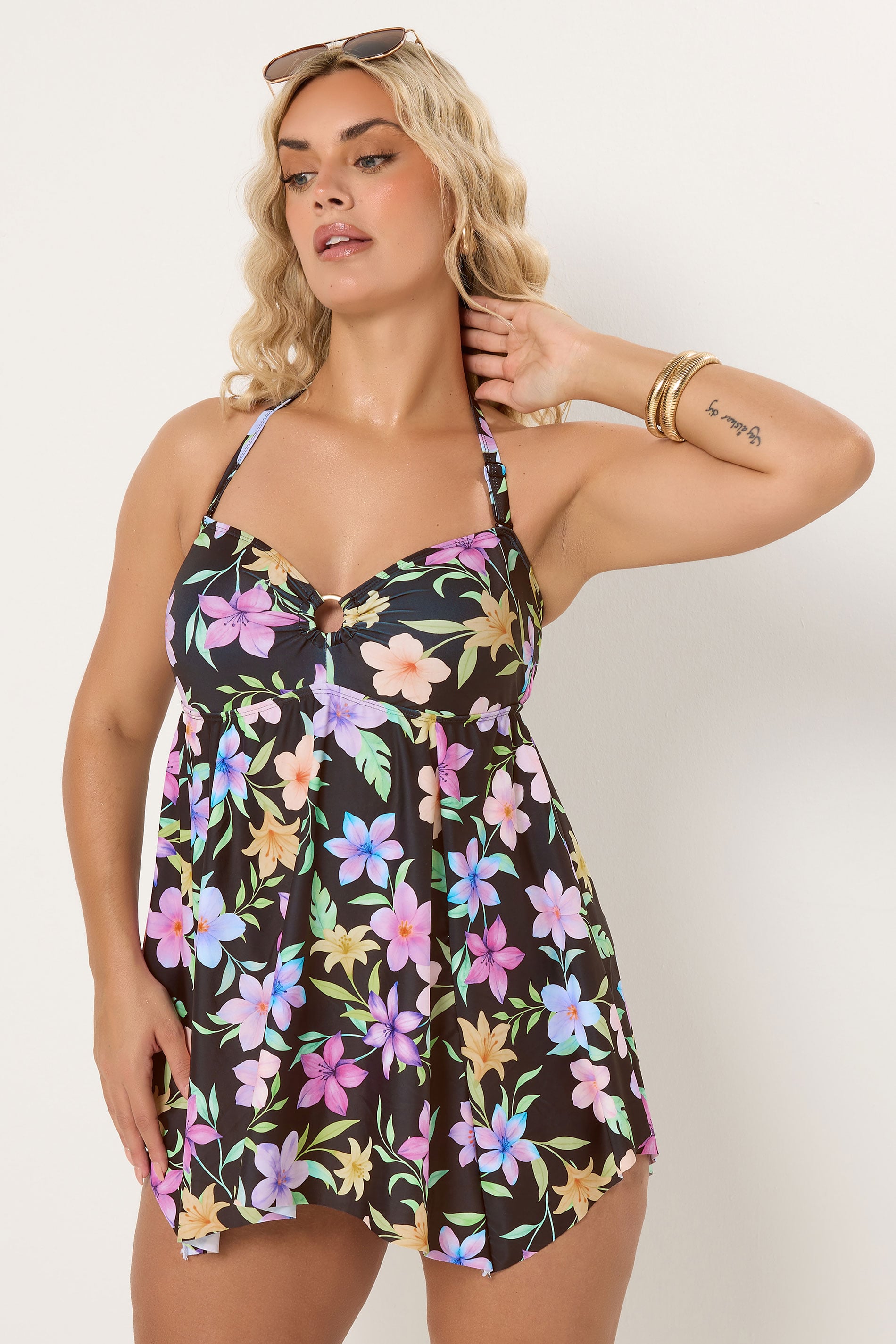 YOURS Plus Size Black Floral Pastel Bandeau Swim Dress | Yours Clothing 4