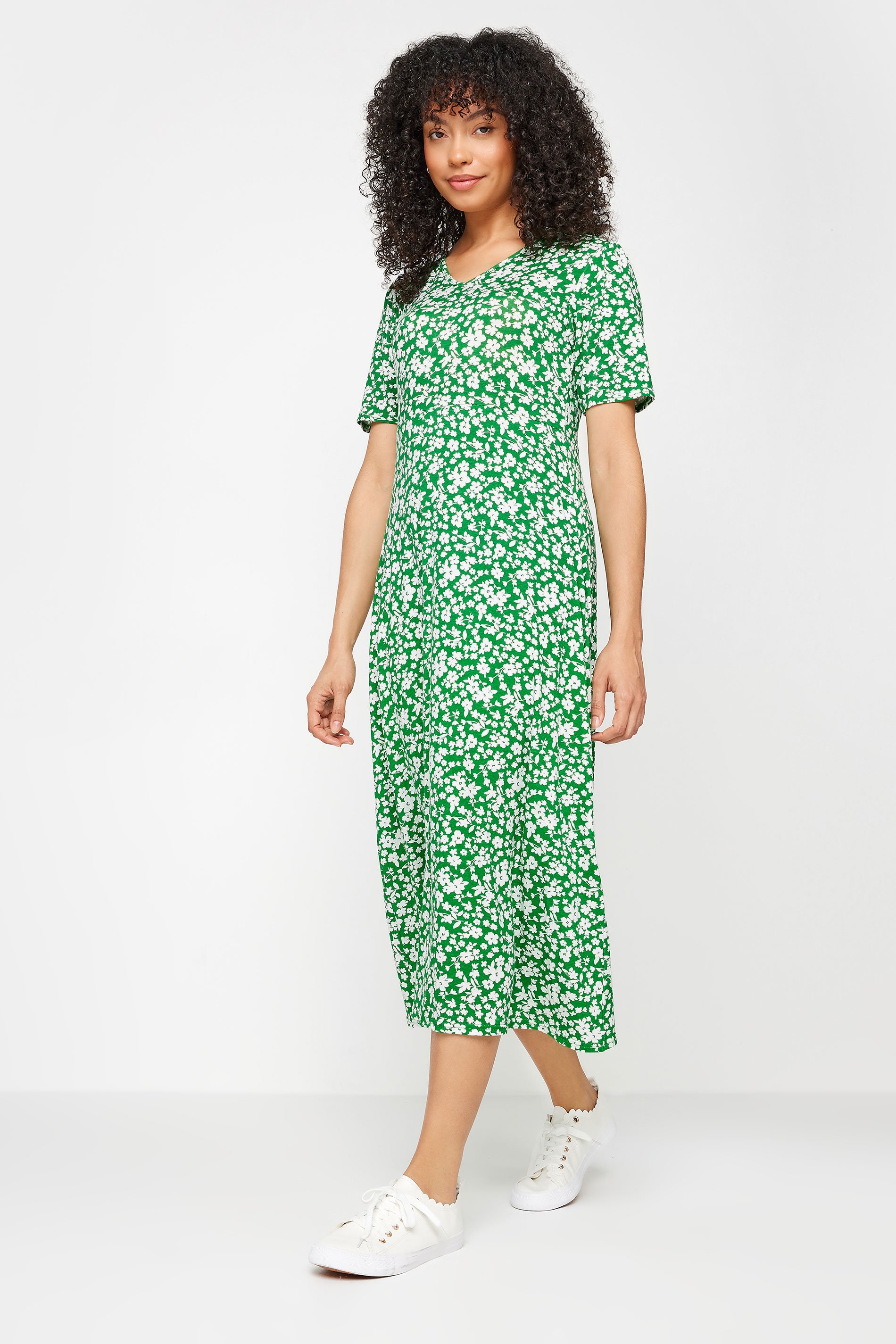 M&Co Green Ditsy Floral Print V-Neck Dress | M&Co 2