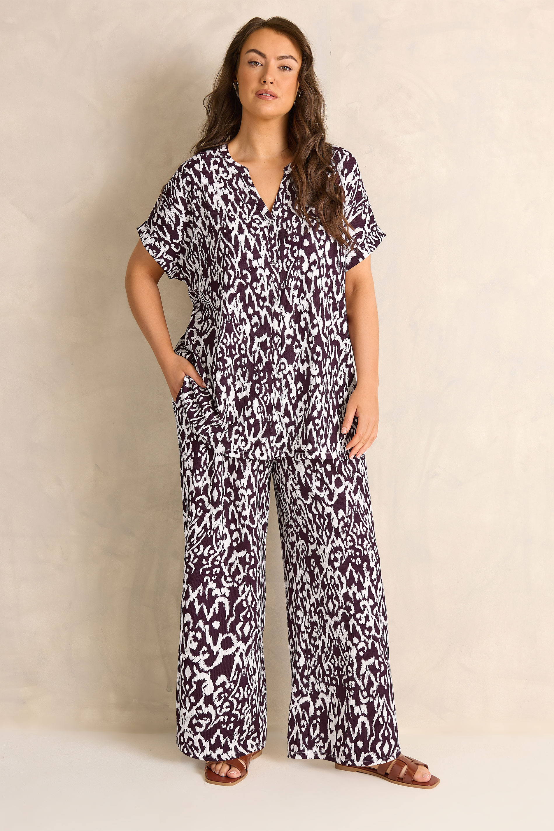 EVANS Plus Size Berry Red Ikat Print Shirred Waist Trousers | Evans 2