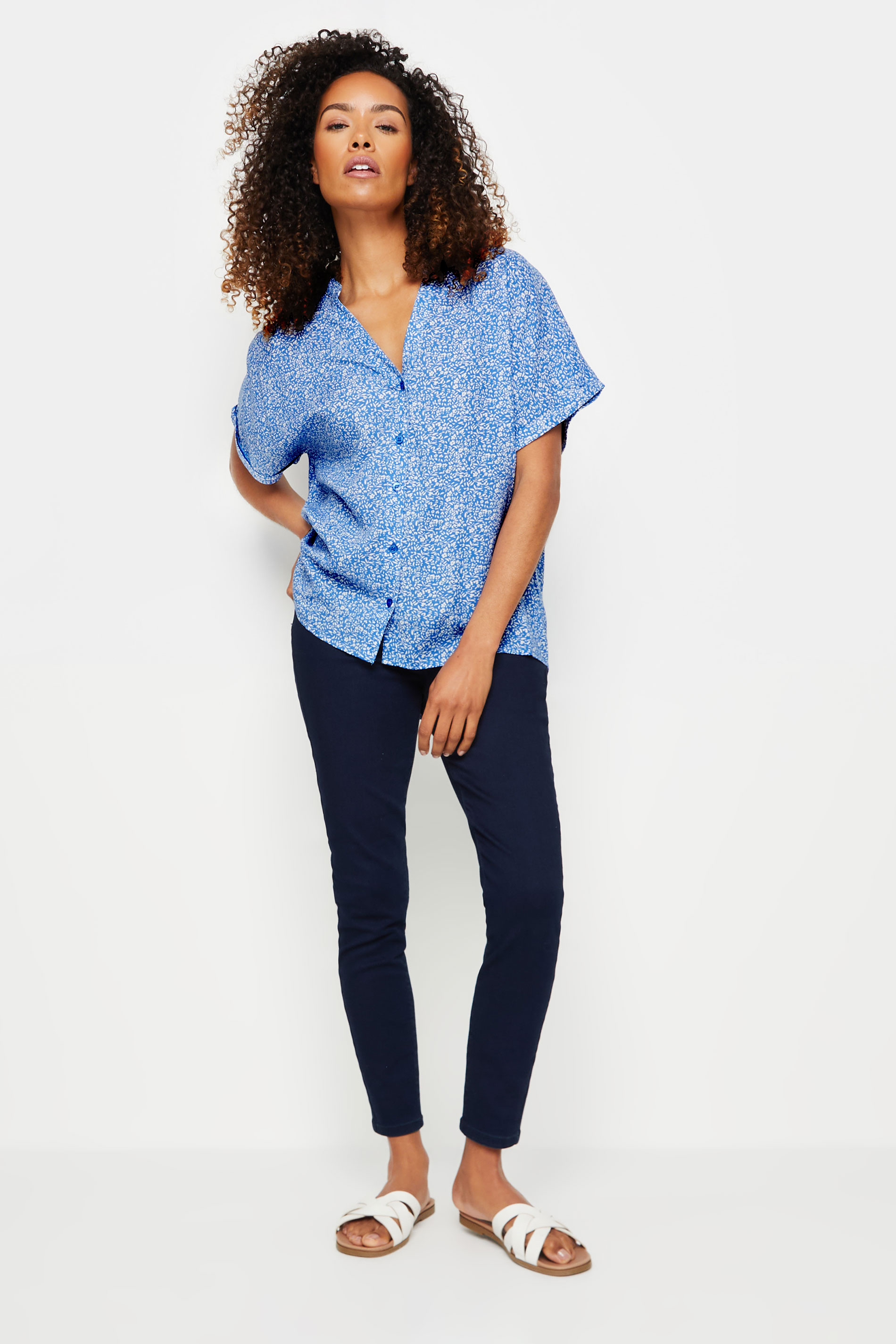 M&Co Blue Ditsy Floral Print Button Through Shirt | M&Co 2