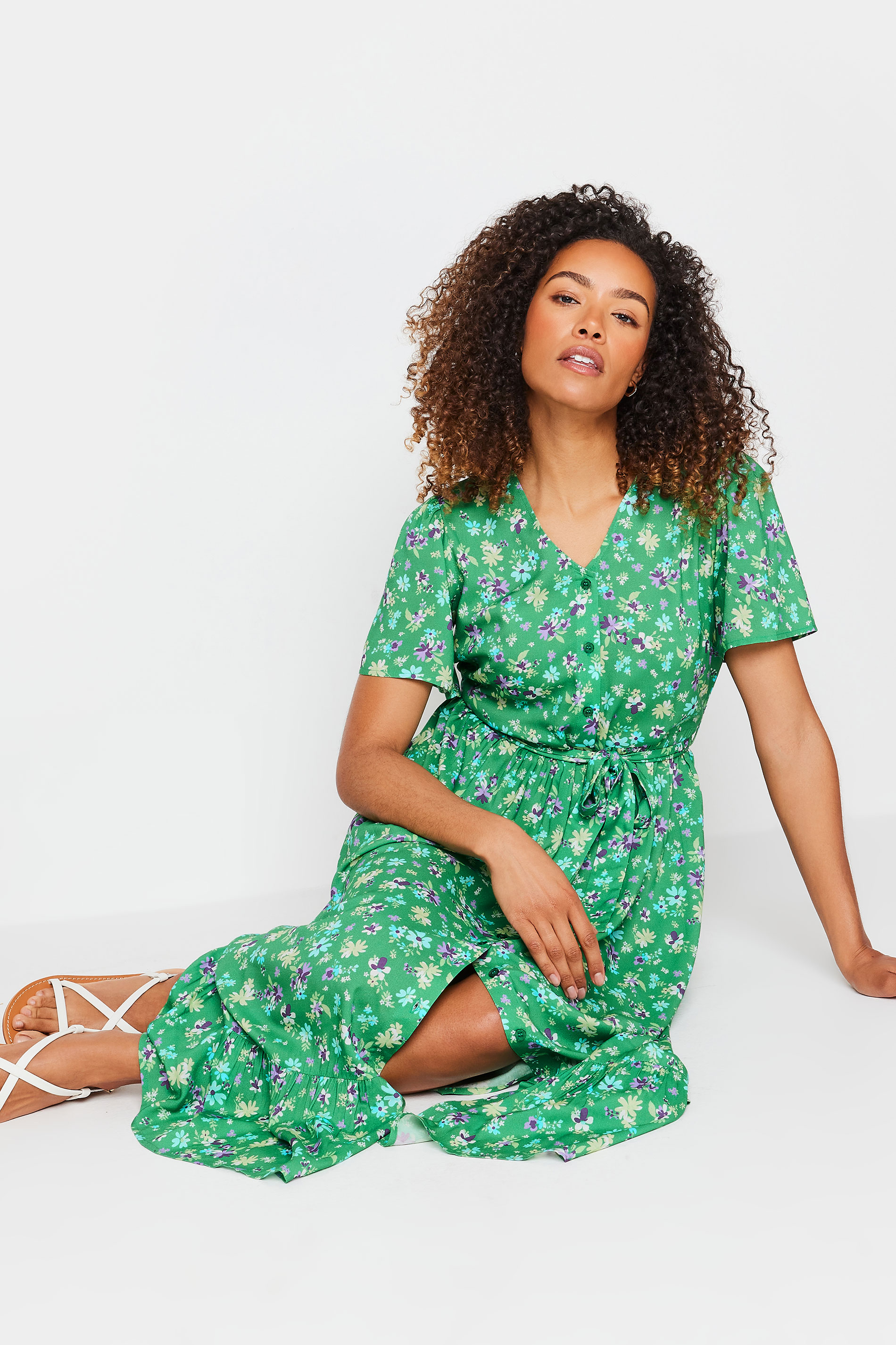M&Co Green Floral Print Tie Waist Short Sleeve Maxi Dress | M&Co 2