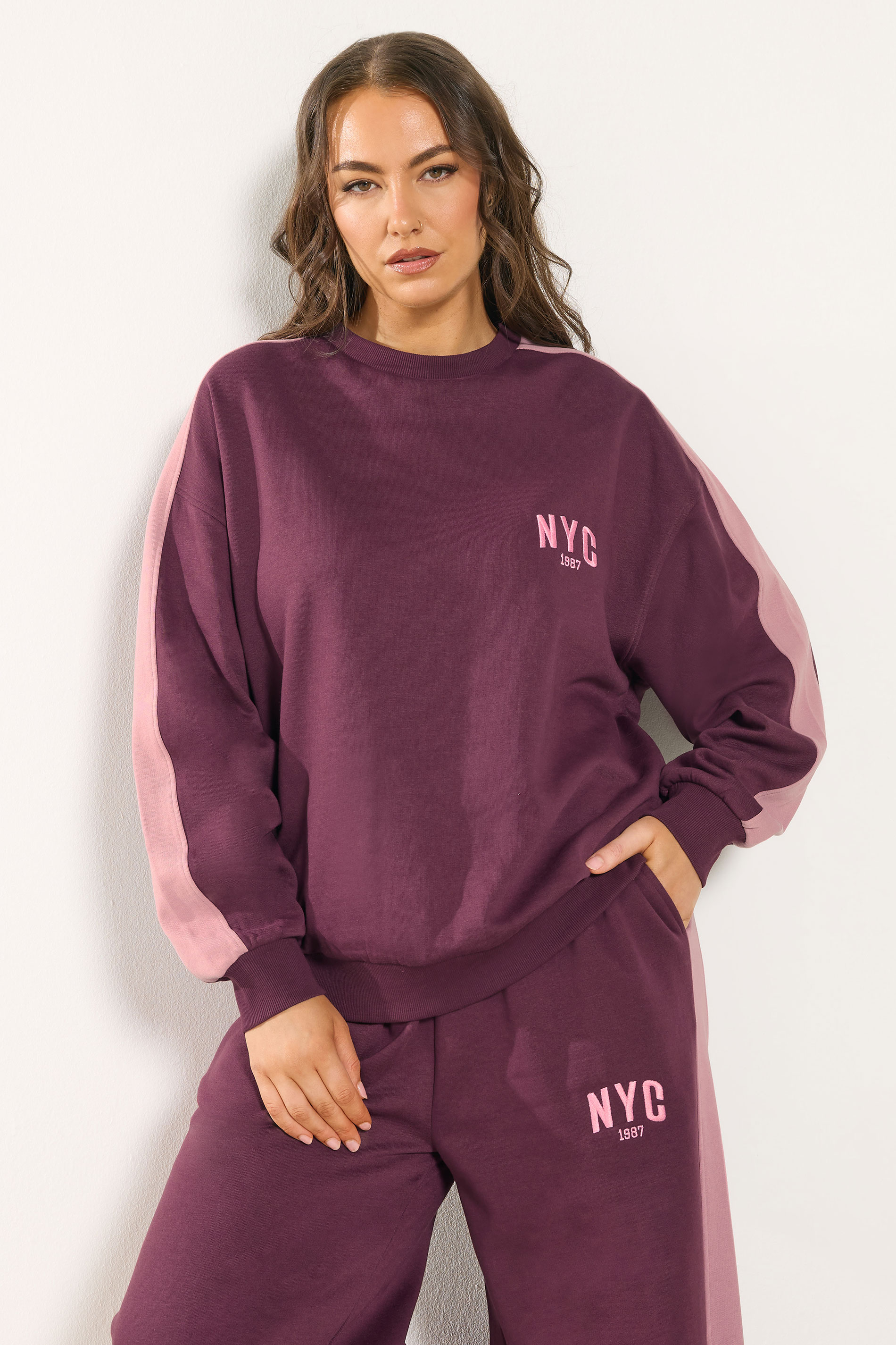 YOURS Plus Size Burgundy Red 'NYC' Side Stripe Sweatshirt | Yours Clothing 2