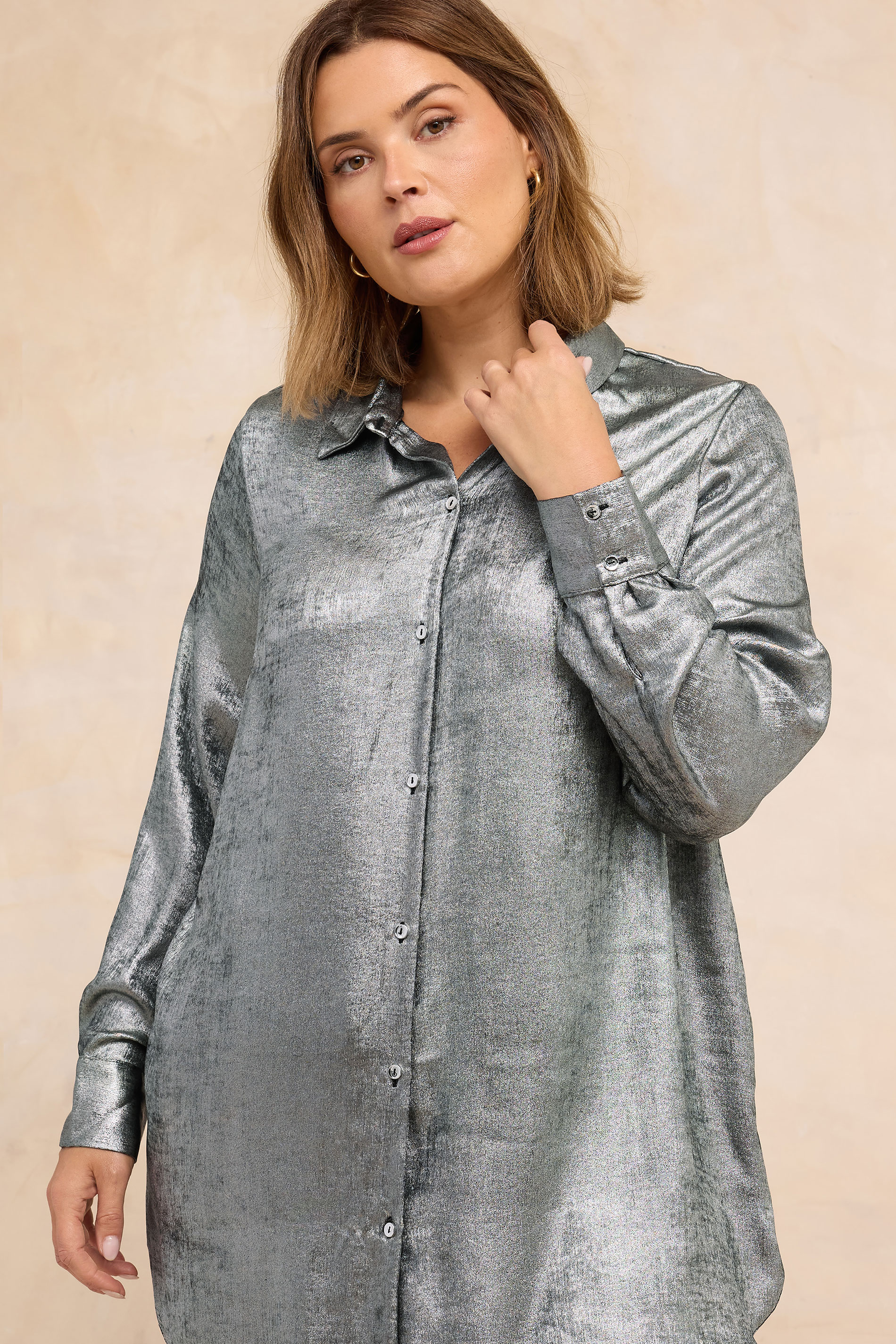 EVANS Plus Size Silver Metallic Long Sleeve Shirt | Evans  3