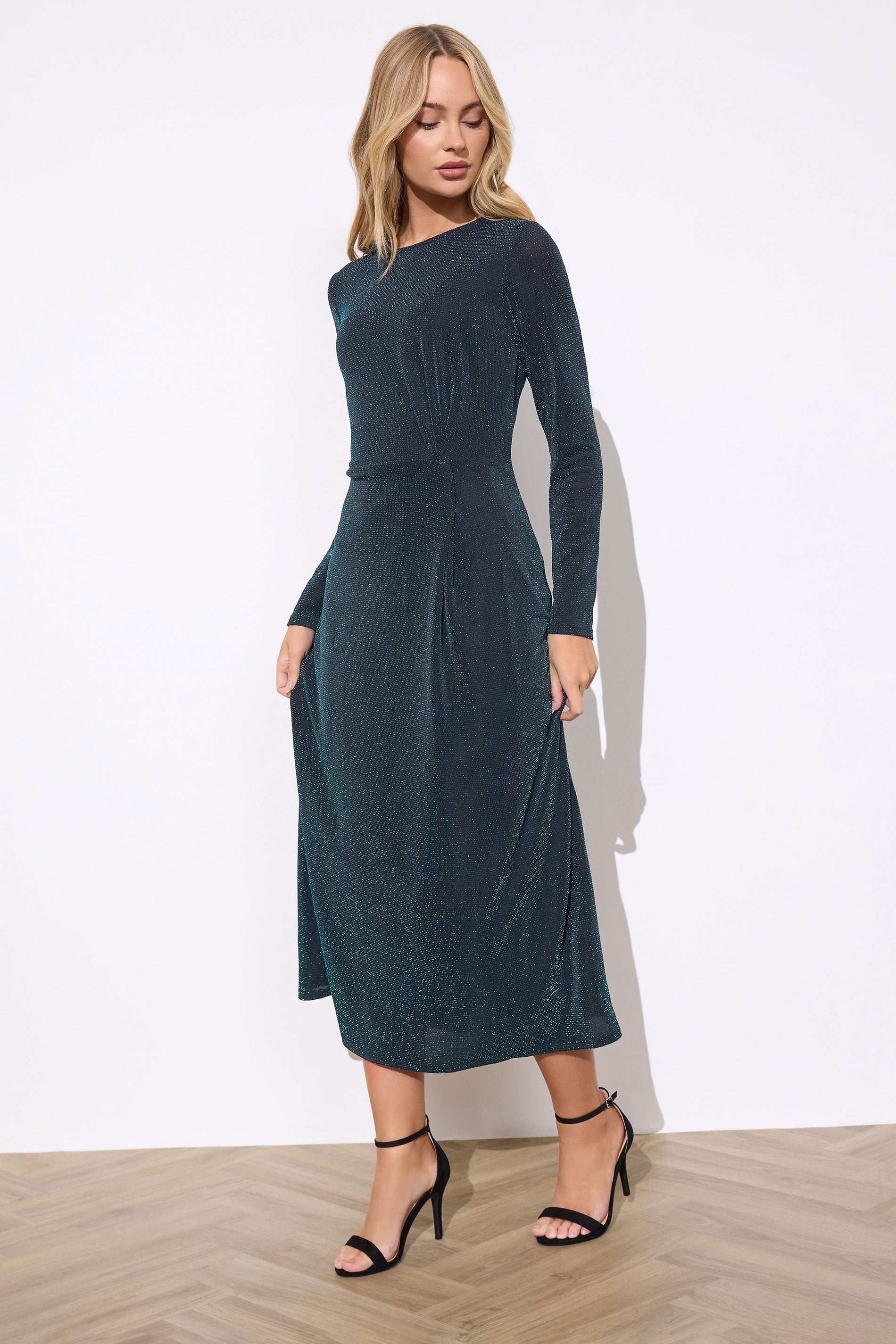M&Co Teal Green Metallic Twist Front Midi Dress | M&Co