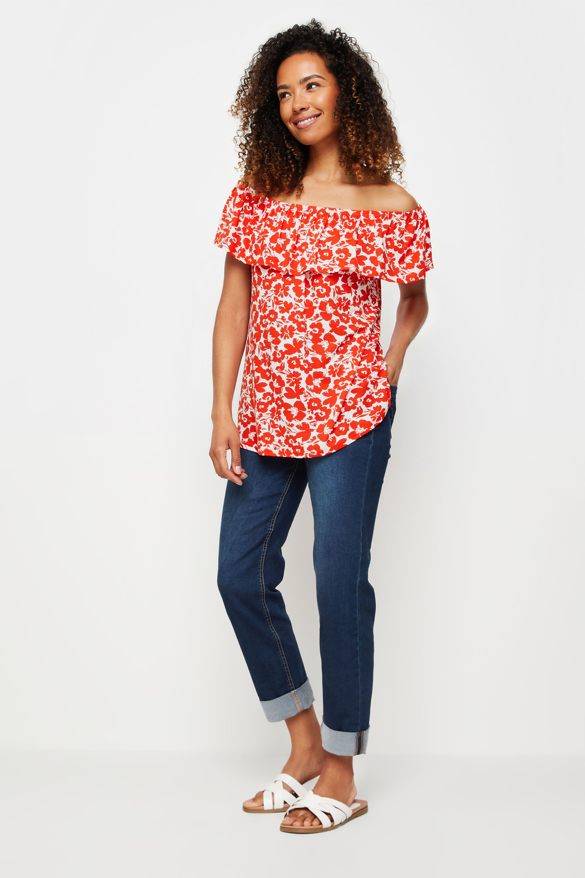 M&Co Red & Ivory Flower Printed Bardot Top | M&Co 2