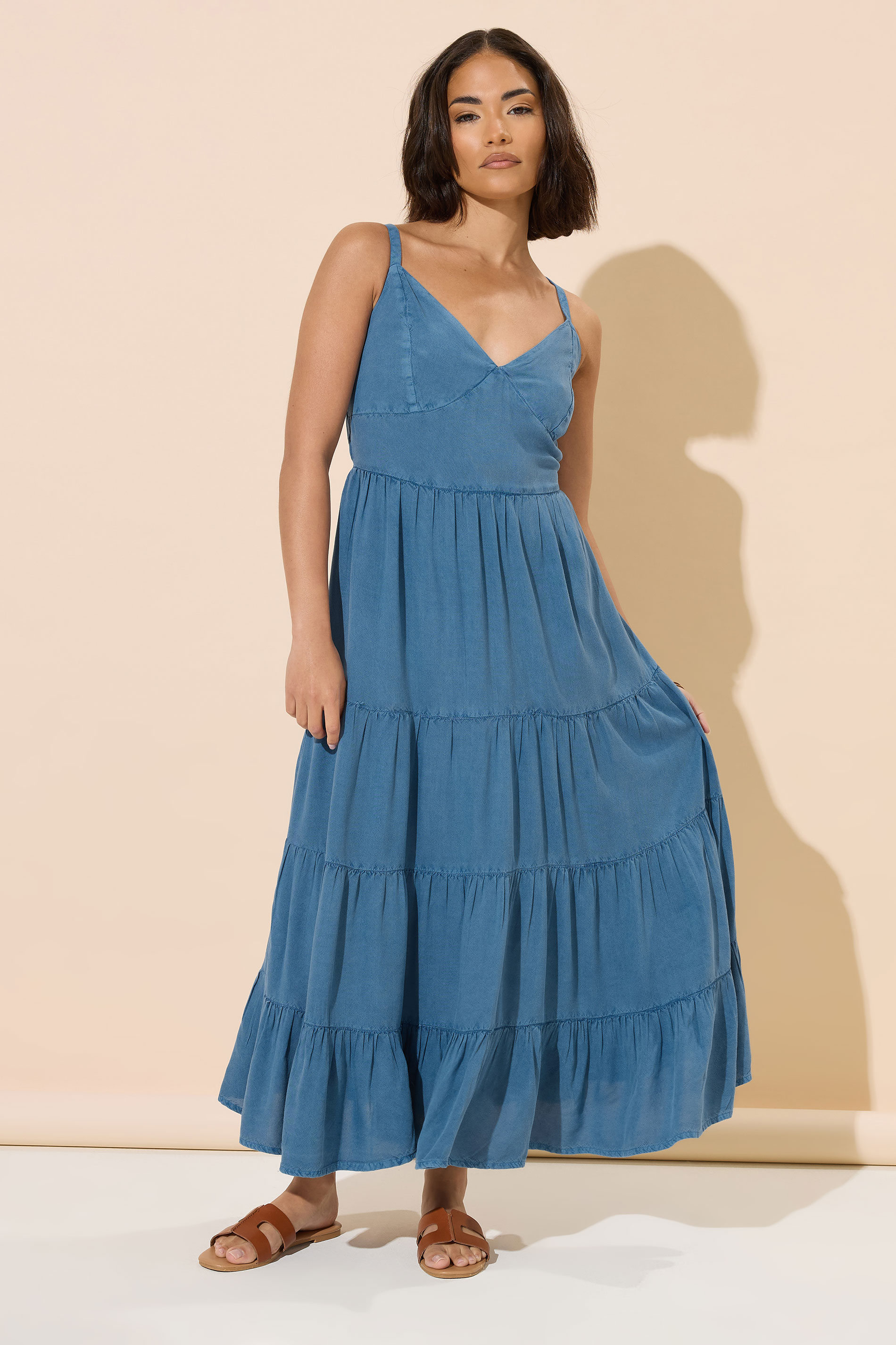 PixieGirl Petite Women's Blue Acid Wash Tie Back Tiered Dress | PixieGirl 1