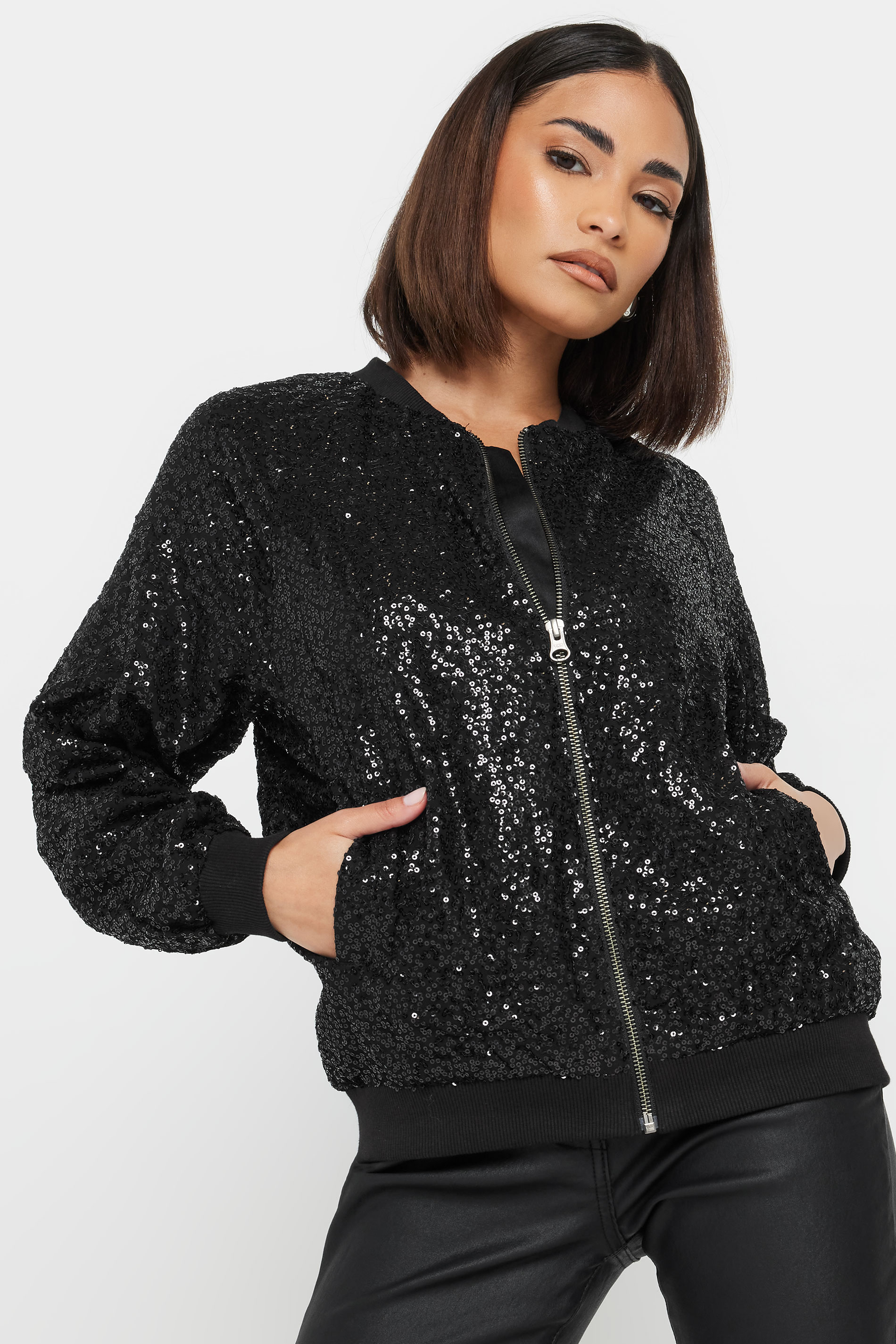 PixieGirl Petite Women's Black Sequin Bomber Jacket | PixieGirl 3